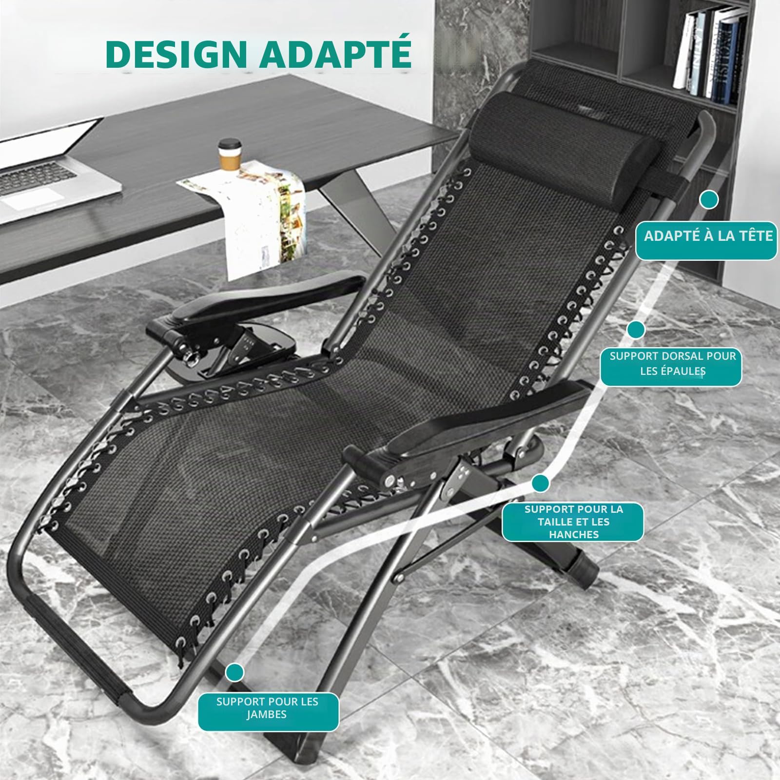 Chaise Longue Pliable, Transat Jardin Exterieur 200 kg avec Coussin Amovible, Zéro Gravité, Dossier 90°-170°, Tissu Oxford Imperméable – Plage, Piscine, Camping, Balcon, Terrasse