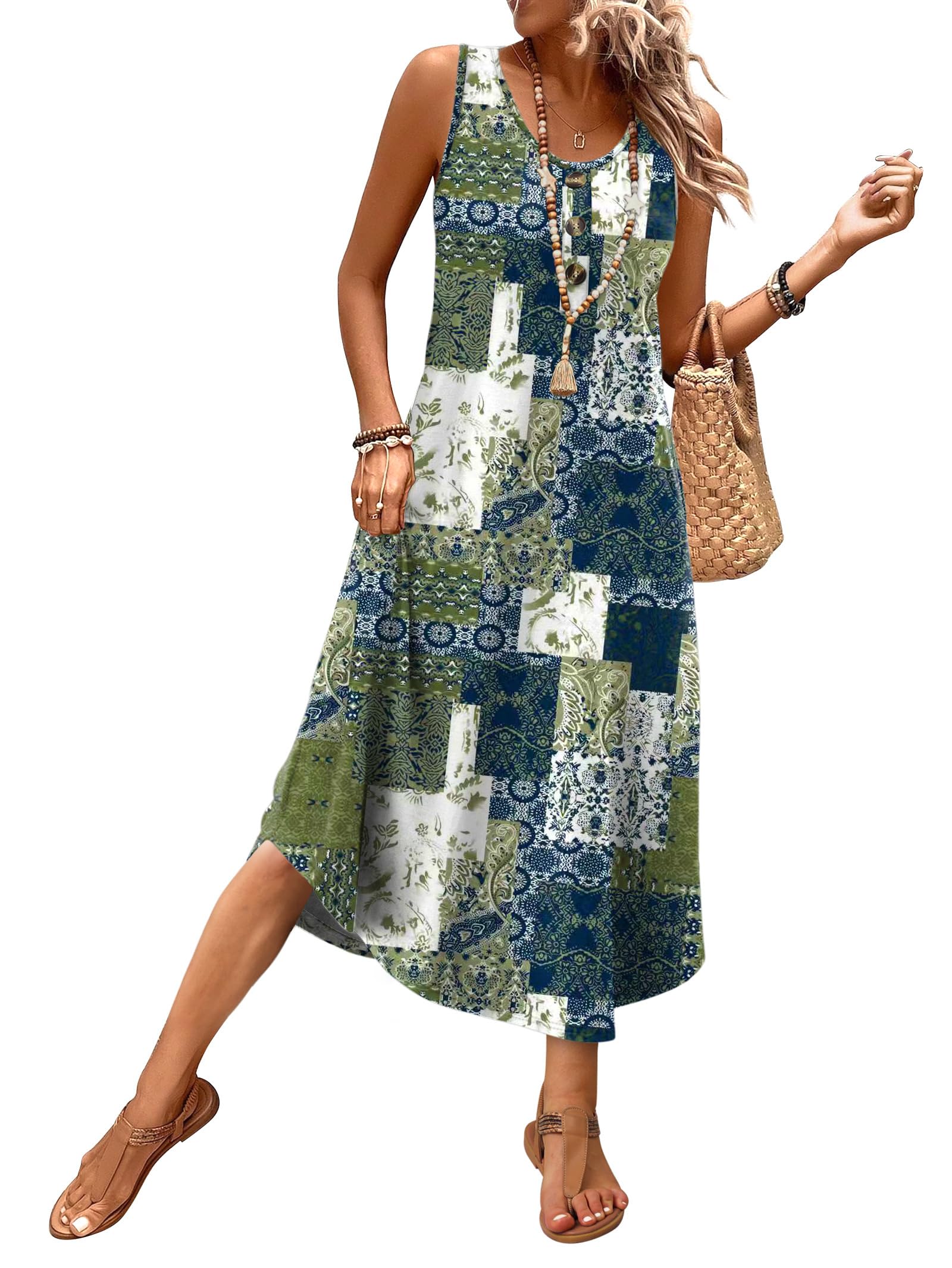 WIHOLL Summer Dresses for Women 2026 Button Front Sleeveless Casual Midi Dress Beach Vacation Sundresses with Pockets