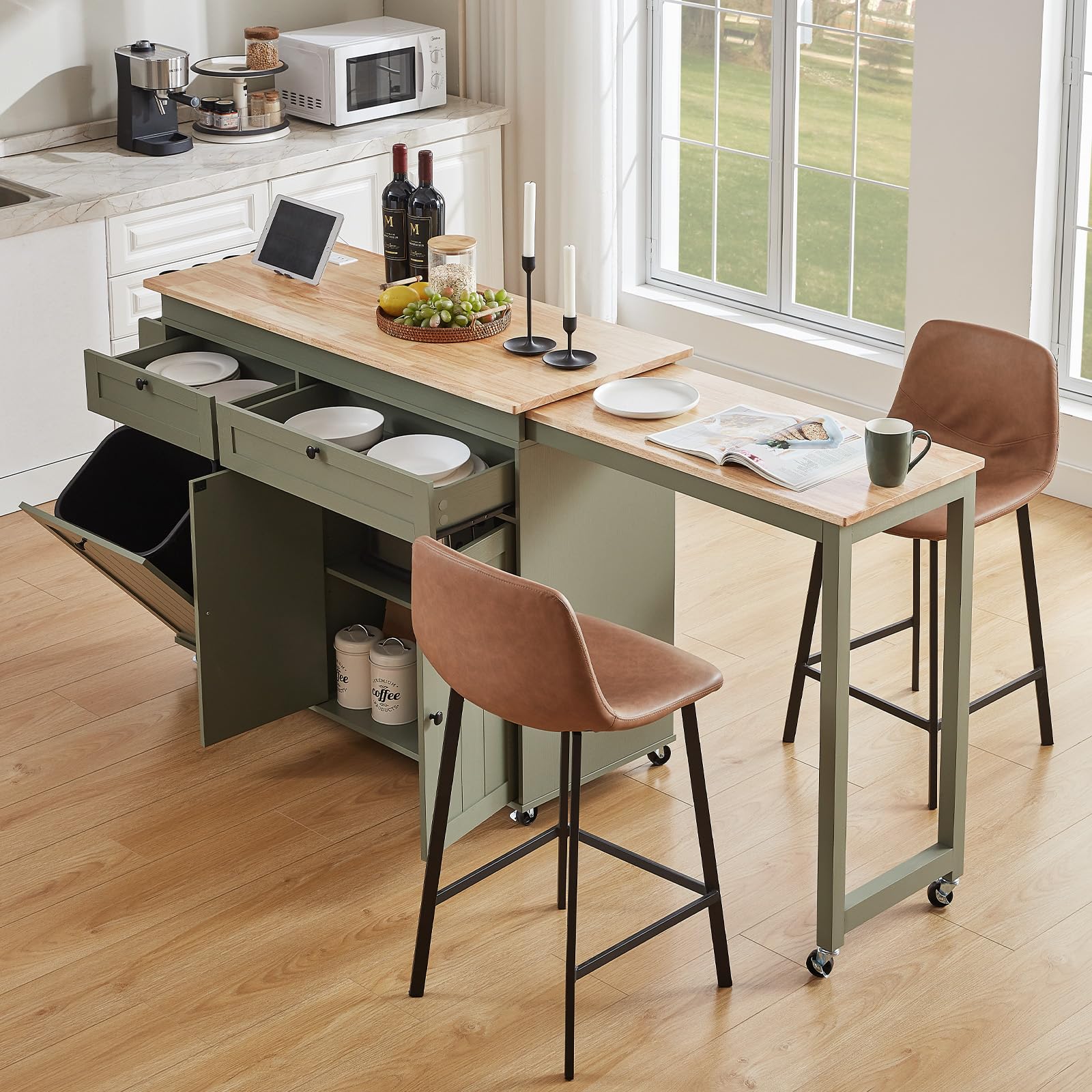 ONBRILL Green Kitchen Island with Extendable Dining Table