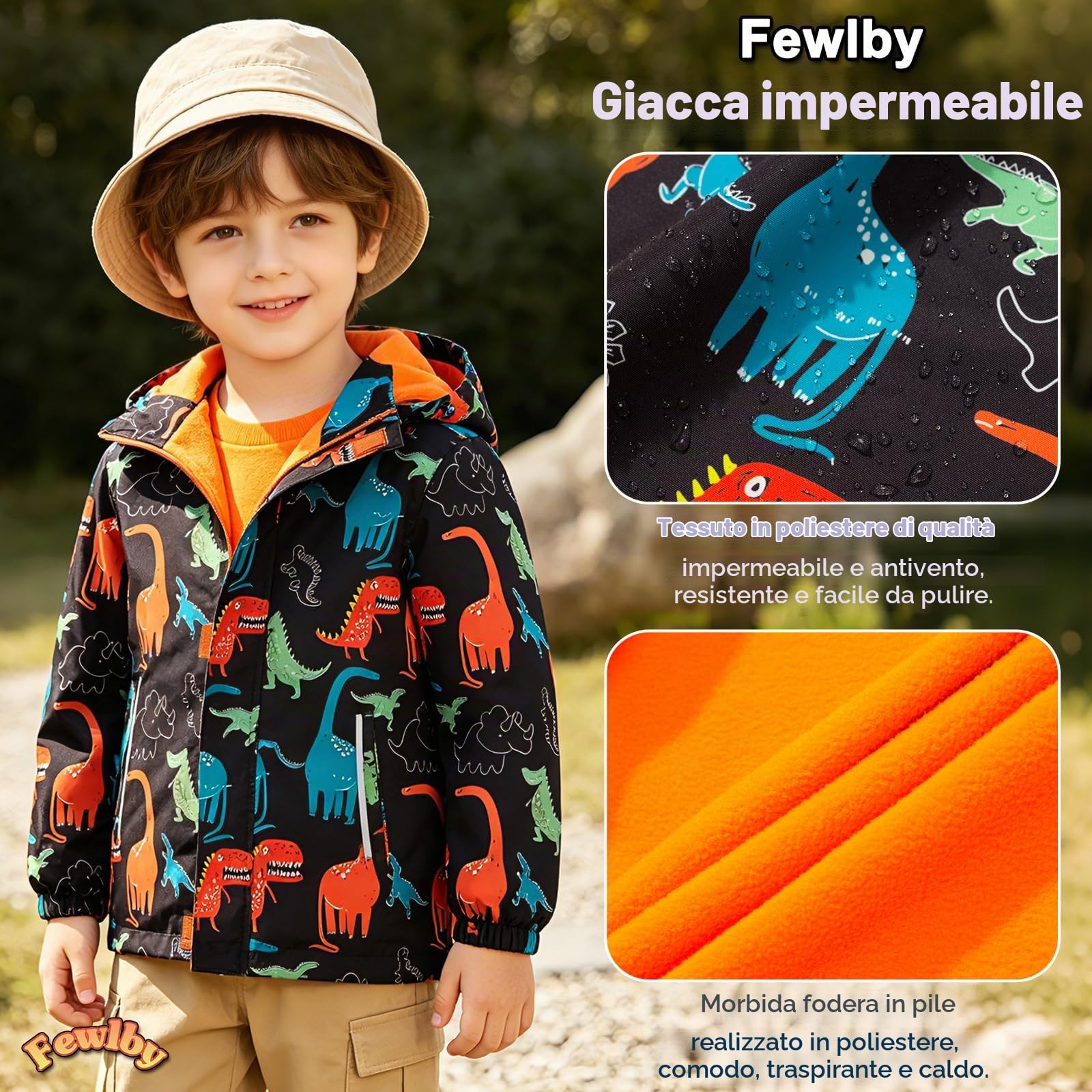 Fewlby Giacca Impermeabile con Cappuccio, Bambino Giacca a Vento Impermeabile con Cappuccio Cappotto Foderato in Pile Ragazzi Capispalla, 11-12 Anni