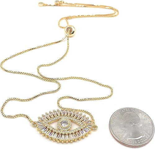 Miniatura 5 de LESLIE BOULES Collar de ojo malvado de oro chapado en oro de 18 quilates con cadena ajustable deslizante, Cristal