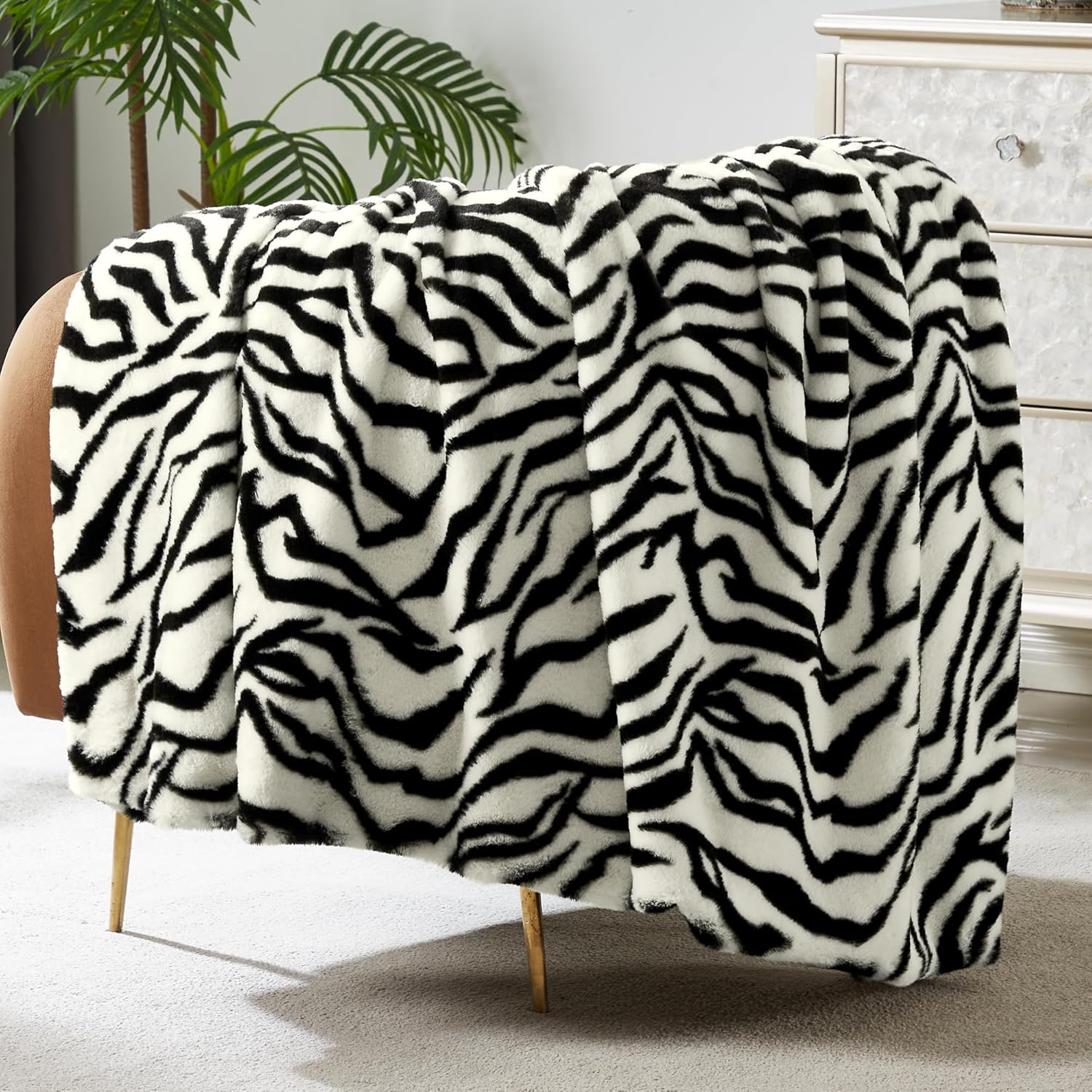 JONIYEAR Soft Fluffy Zebra Print Faux Rabbit Fur Throw Blanket 50" x 60", Luxury Cozy Shaggy Fuzzy Blankets, Reversible Cute Warm Animal Printed Blanket for Women Winter,Washable,Cream White and Black