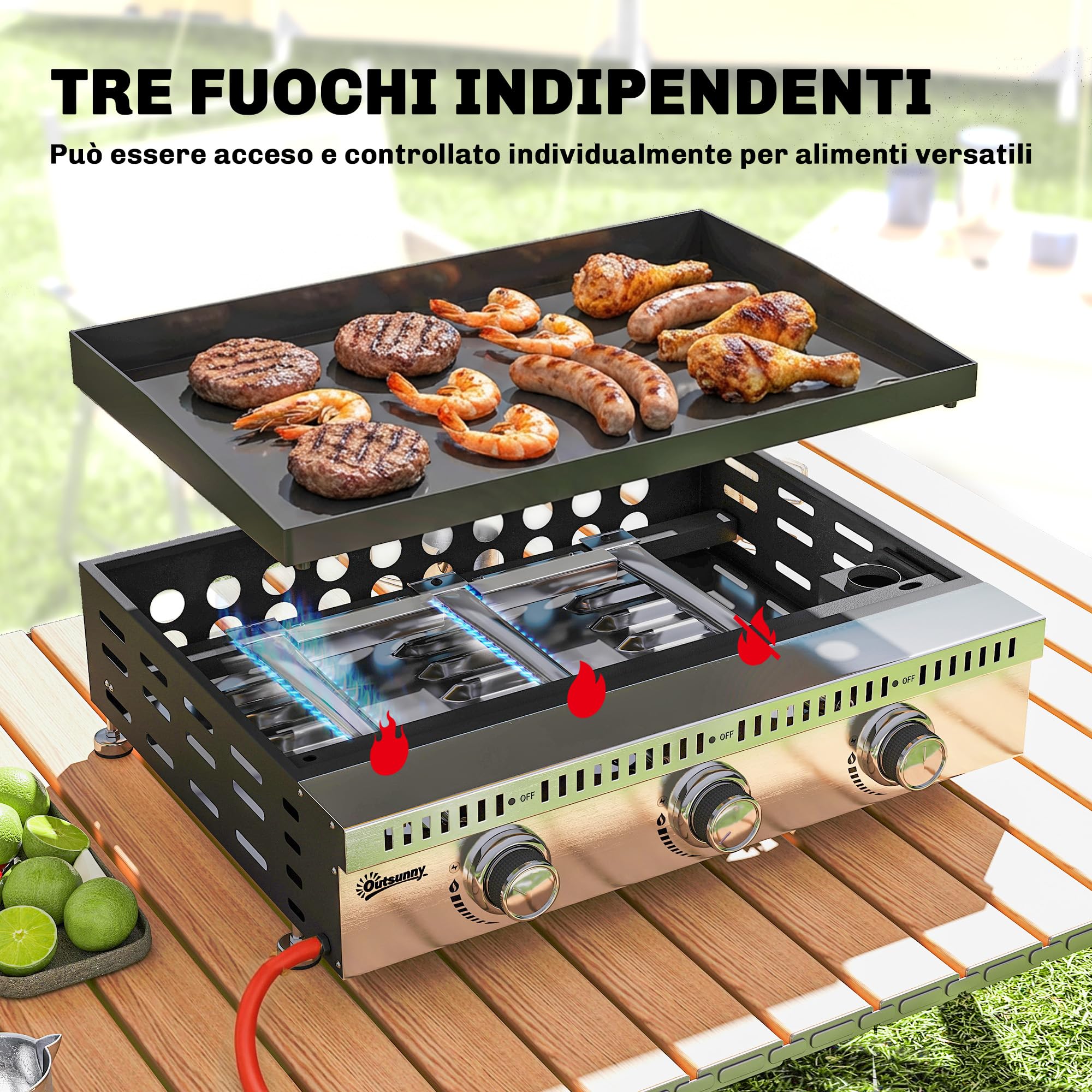 Outsunny Barbecue a Gas Portatile 3 Bruciatori 9 KW Acciaio Inox, Griglia BBQ da Tavolo con Vaschetta Raccogli Grasso, Regolatore, Nero