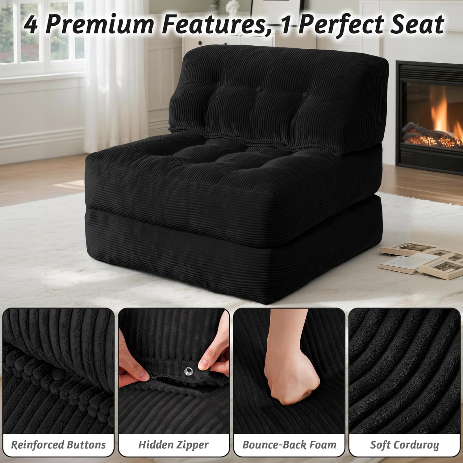 HABUTWAY Folding Sofa Bed, Convertible Sleeper Chair Bed with Pillow, Foldable Mattress with Back Support, Portable Single Couch Comfy Floor Sofa Lounge for Living Room, Bedroom, Office (Black) | 3 in 1 Design
