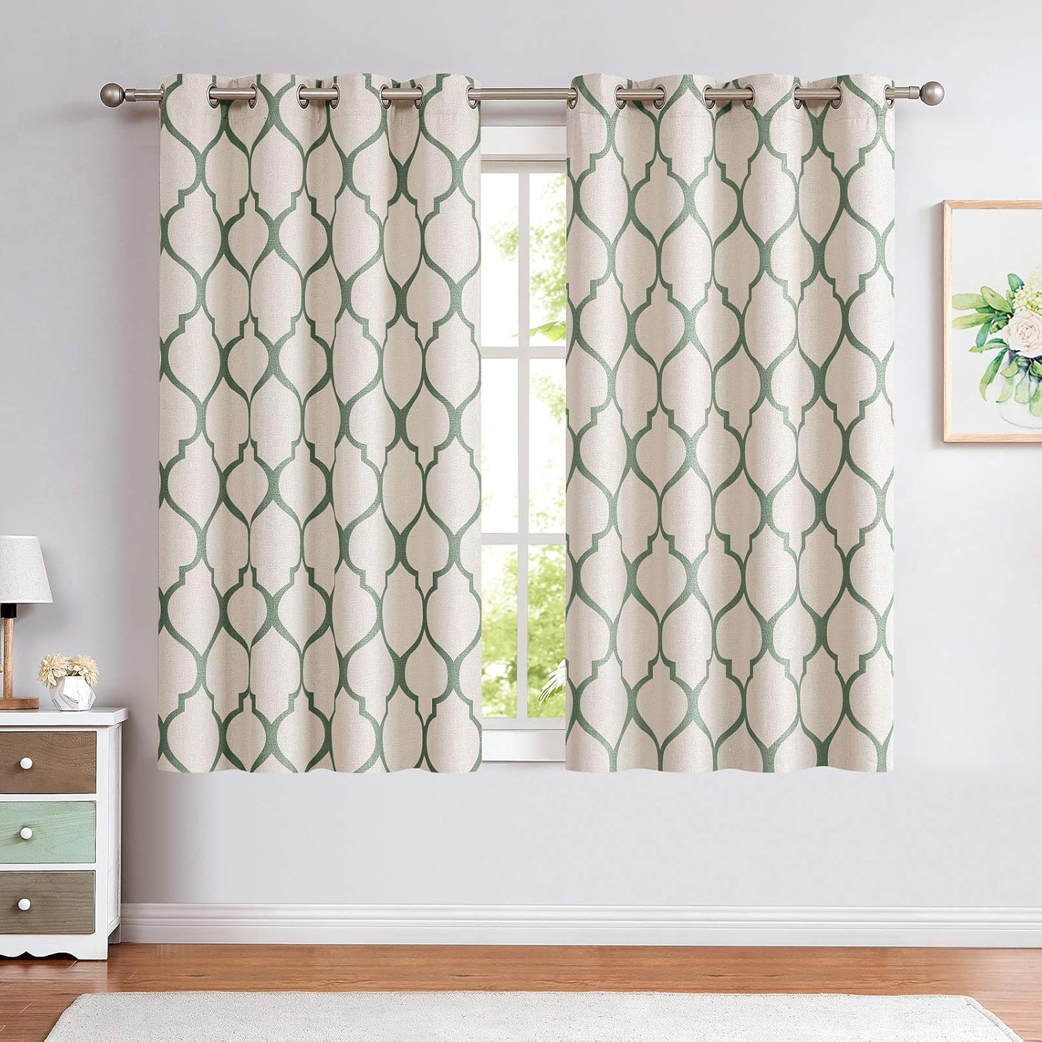 jinchan Room Darkening Curtains for Bedroom, Sage Linen Textured Moroccan Tile Patterned Curtains 63 Inch Length, Thermal Insulated Grommet Top Drapes for Living Room, Green on Beige, 2 Panels Set