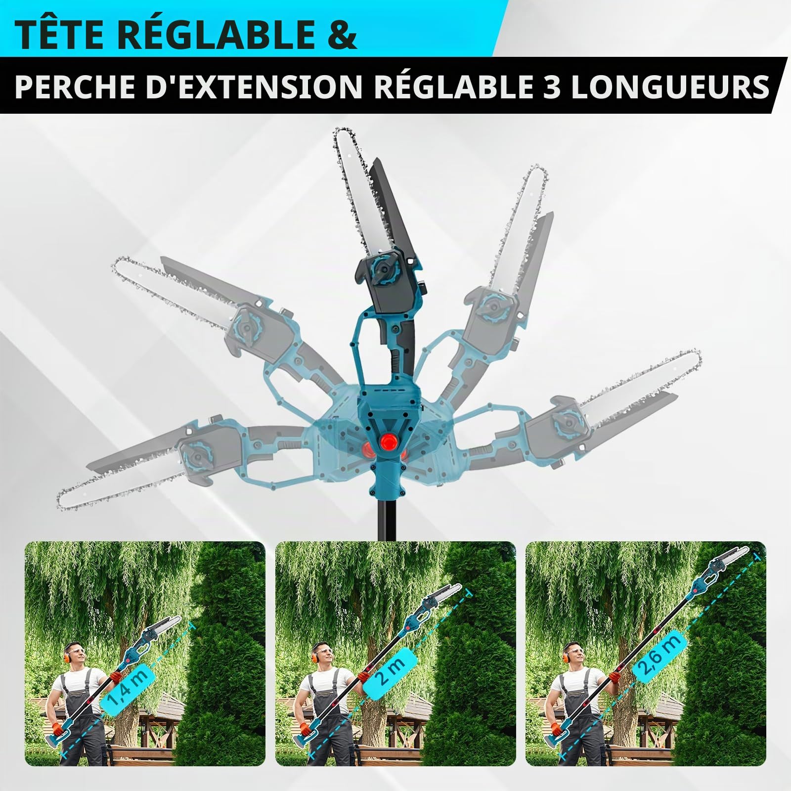 Élagueuse professionnelle sans fil compatible avec Makita 18 V, 6 ", scie à élaguer 2 en 1, avec manche télescopique et télescopique, hauteur de travail 4,5 m (sur batterie)
