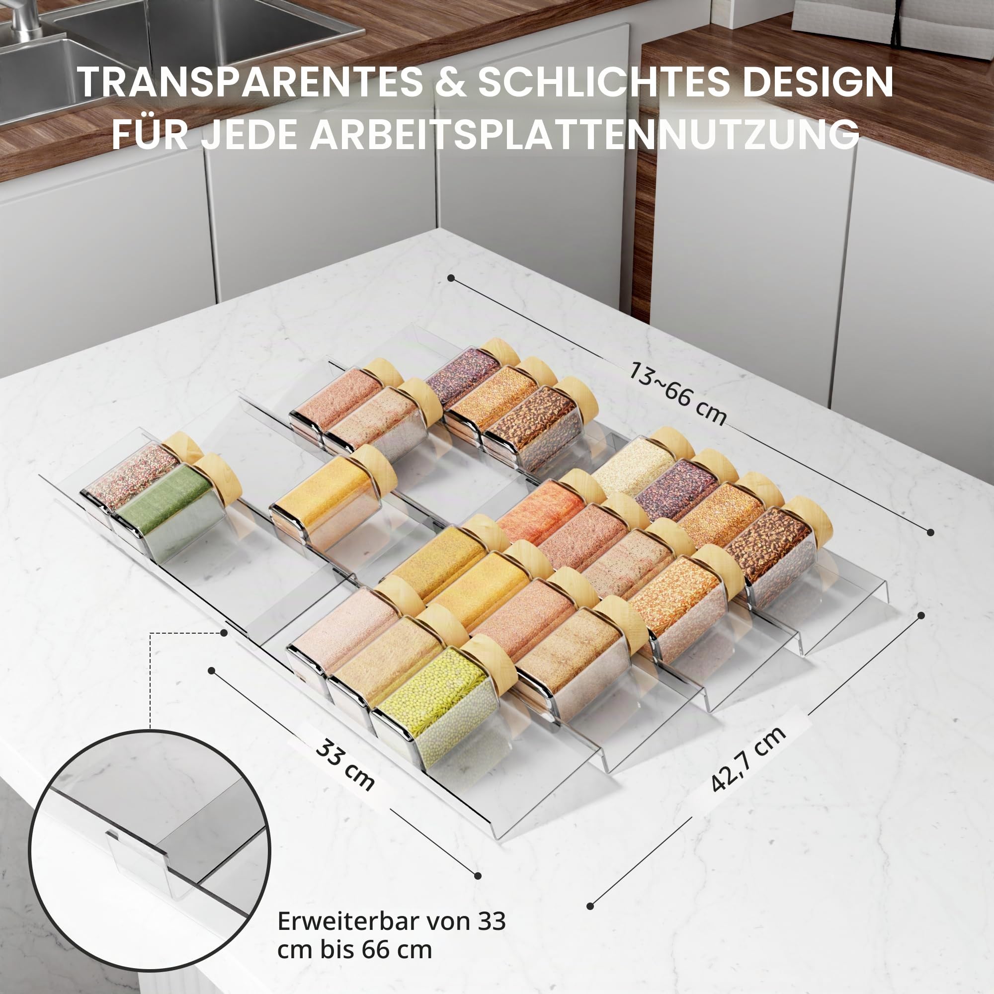 Jadehom Gewürzschubladen-Organizer, 4 Etagen, transparentes Acryl, erweiterbar von 33 cm bis 66 cm Gewürzgläser, Schubladeneinsatz, Küchenschublade, Gewürzregal für Schrank/Arbeitsplatte