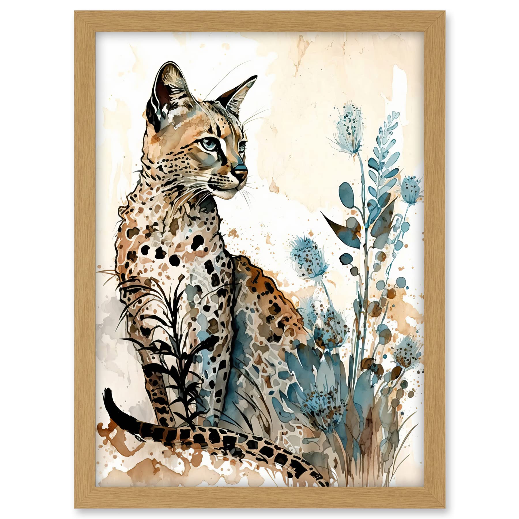 Artery8 Savannah Cat and Wildflowers Modern Watercolour and Ink Illustration Artwork Framed A3 Wall Art Print