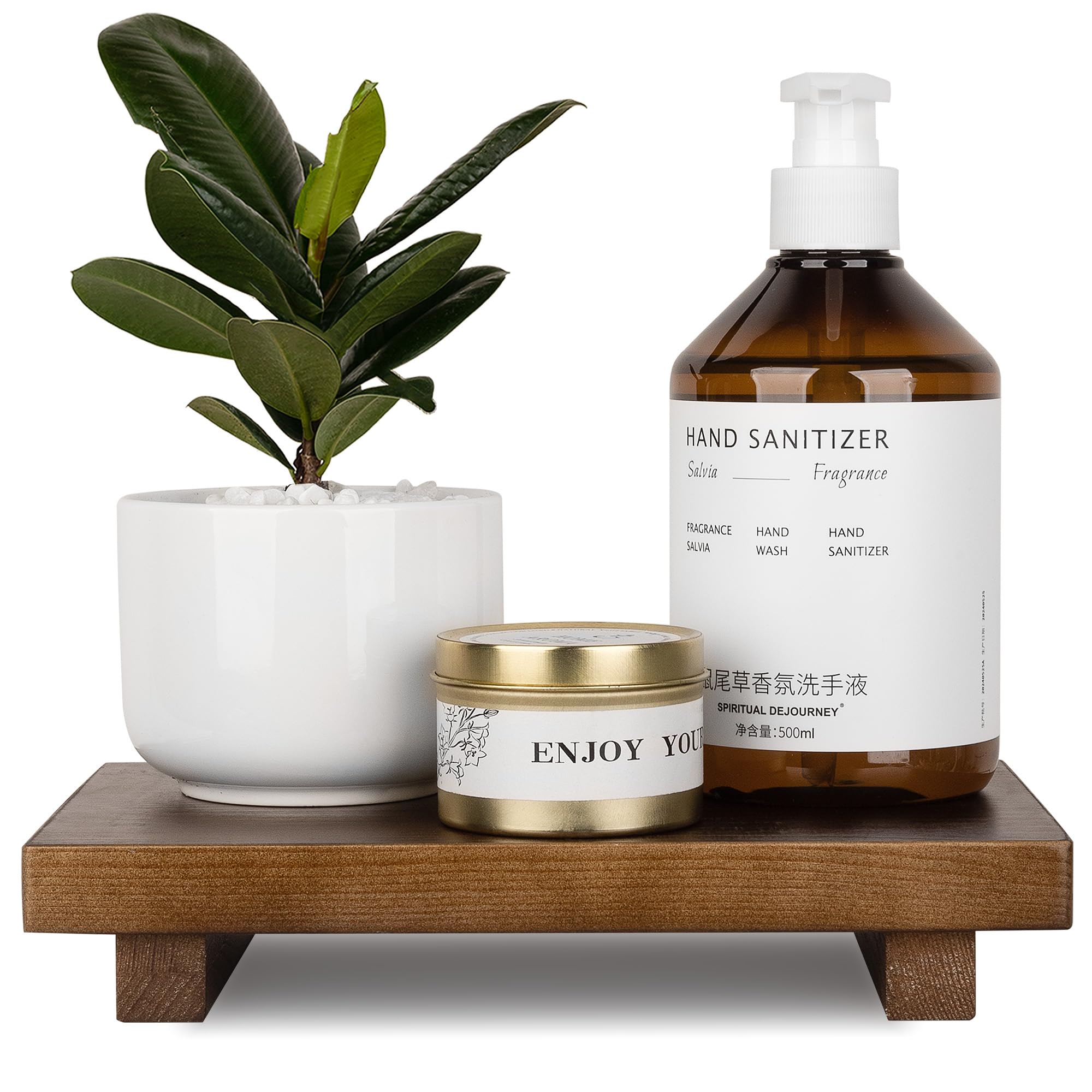 Bathroom Counter Organizer Wood Pedestal Stand Farmhouse Decorative Tray Soap Holder for Kitchen Decor, 9" x 6" - Walnut