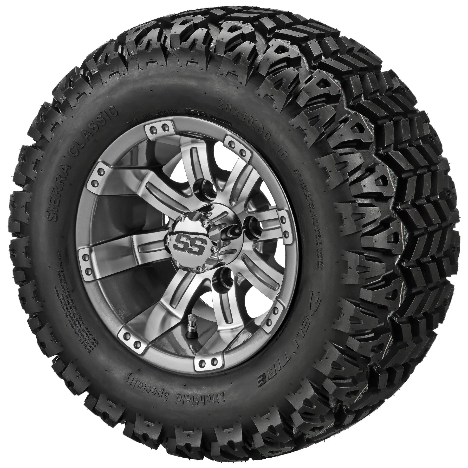 RM Cart 10" Casino Gun Metal Gray/Machined on 20x10-10 Sierra Sport Tires (Set of 4) | Golf Cart Tires and Wheels Combo with Standard Lug Nuts