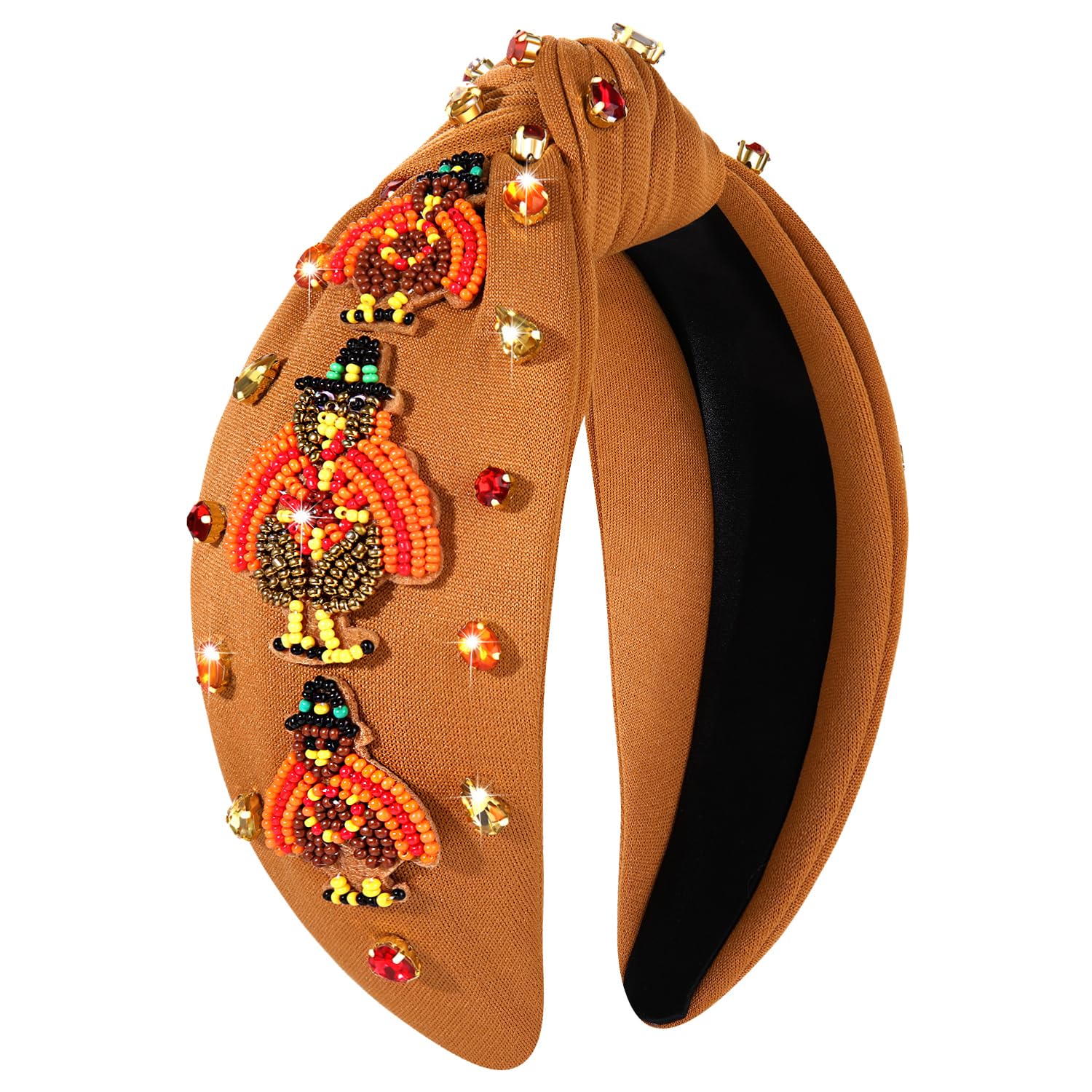 CEALXHENY Thanksgiving Headband for Women - Fall Accessories Beaded Pumpkin Jeweled Rhinestone Crystal Knotted Hair Accessory Gifts (Turkey 7- Brown)