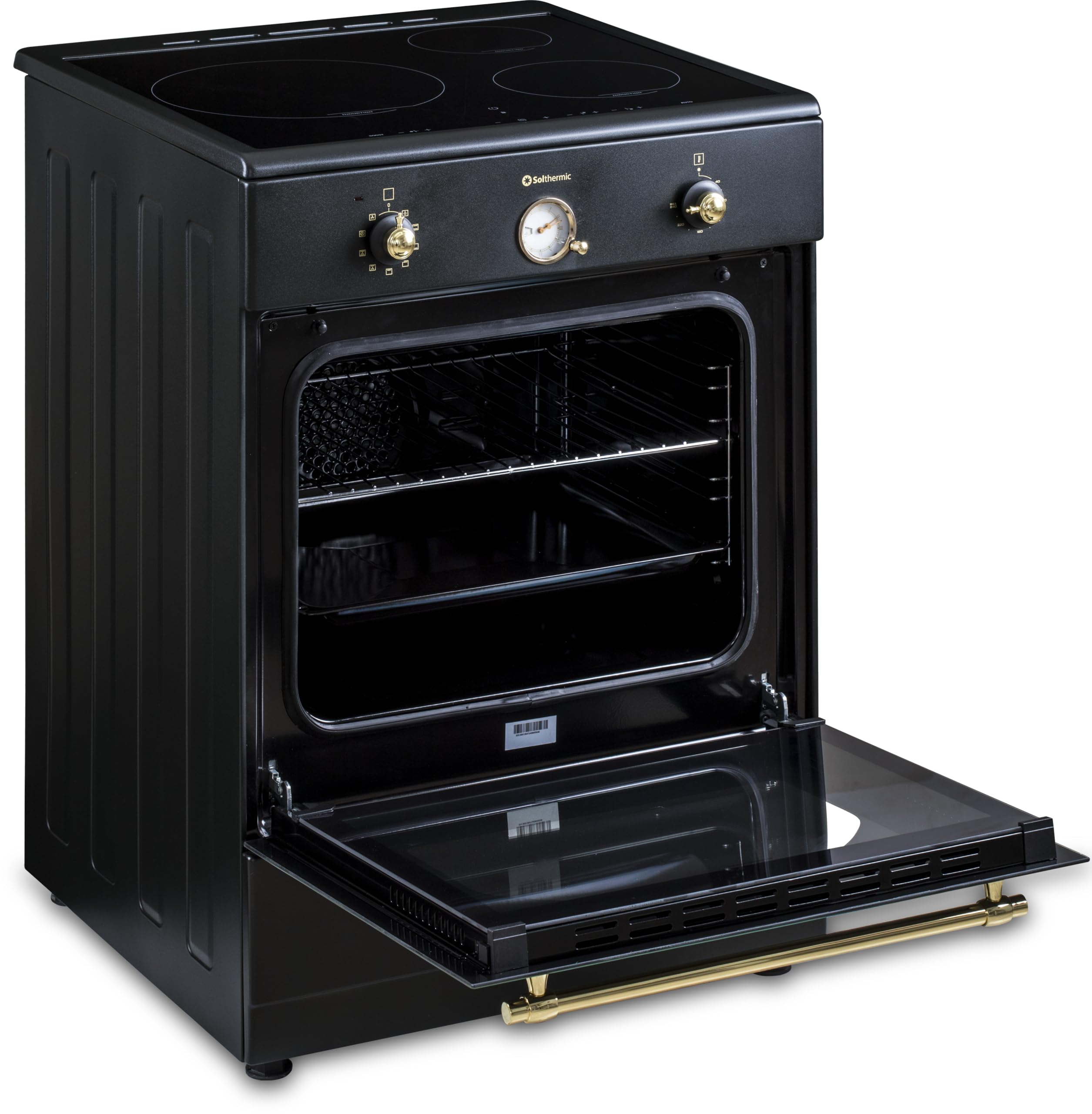 INDUCCION COCINA SOLTHERMIC 60x60 VTI60 NEGRA ACABADOS DORADOS/HORNO GRAN CAPACIDAD CON TURBO 60L / FUNCIONES BOOSTER, ALTA POTENCIA, CALENTAMIENTO RÁPIDO / 3 ZONAS (1 GRAN ZONA) / BAJO CONSUMO (A)