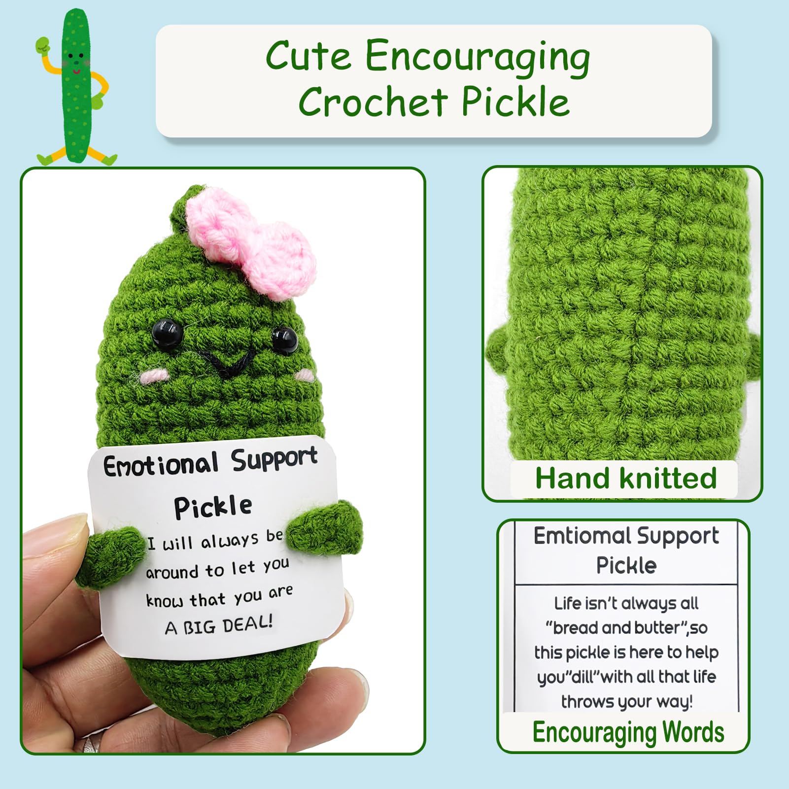 Emotional Encouraging Pickle,Funny Pickle with Support Card,Cute Knitted Crochet Dolls Soft Plush for Friend Gifts (Pickle)