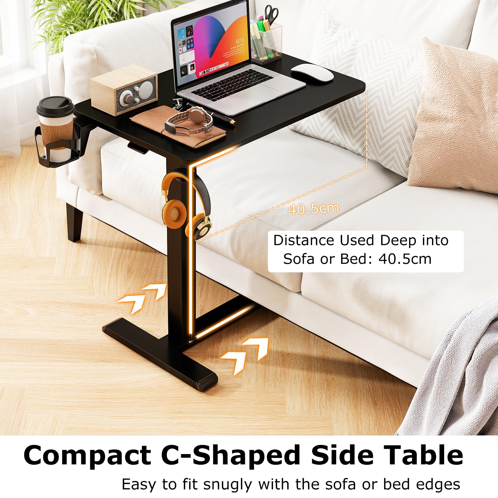 LIFEZEAL Tavolino da Divano a Forma di C, Altezza Regolabile, Tavolino Laterale per Letto, con Ruote Nascoste, Portabicchiere, Ganci Cuffie, Porta Laptop, PC, Serviletto, Soggiorno, Salotto (nero)