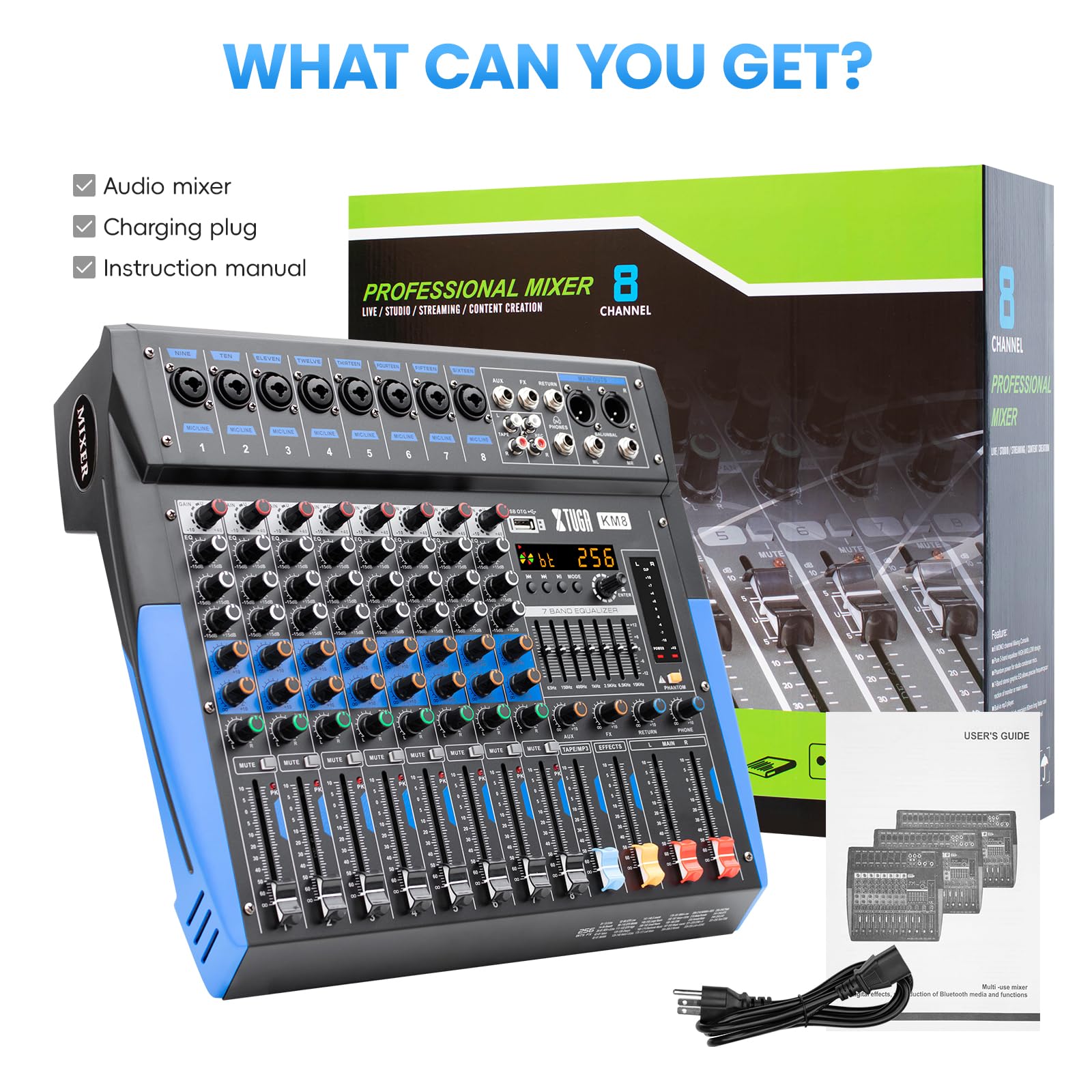XTUGA KM8 - Mezclador de audio profesional de 8 canales, compatible con Bluetooth/USB/MP3, alimentación fantasma de 48 V, efecto DSP 256 para grabación de PC, karaoke, rendimiento de escenario