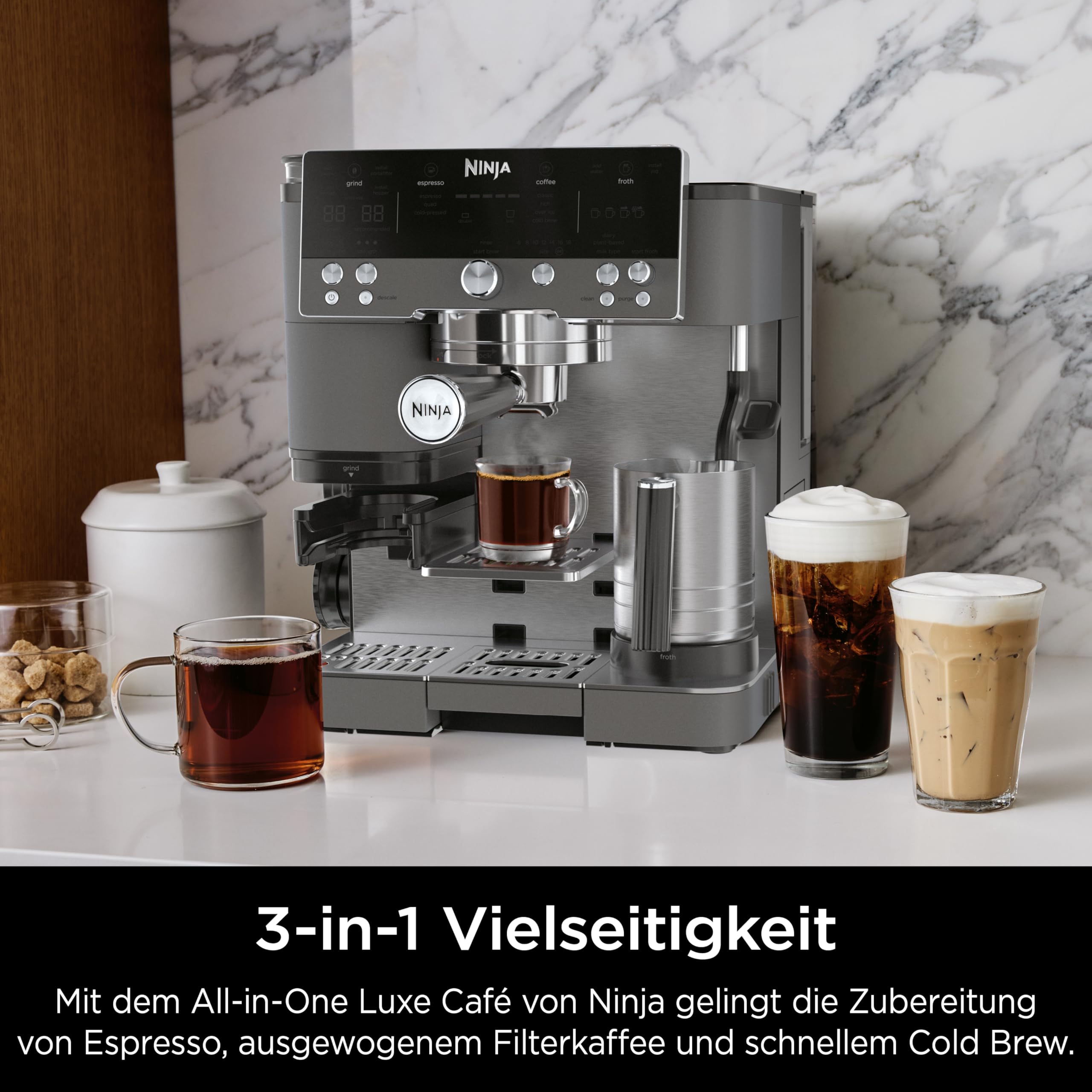Ninja Luxe Premier 3-in-1 Kaffeemaschine für Espresso, Cold Brew & Filterkaffee, 4 Schaumeinstellungen, Grau-Metall