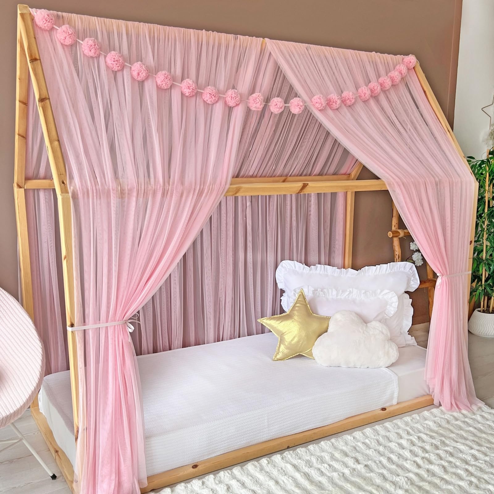 Montessori - Toldo de cama para dormitorio de niñas y niños, elegante decoración de habitación de niños, cortina de cama Montessori para niños pequeños con drapeado suave (rosa, 320 cm, juego