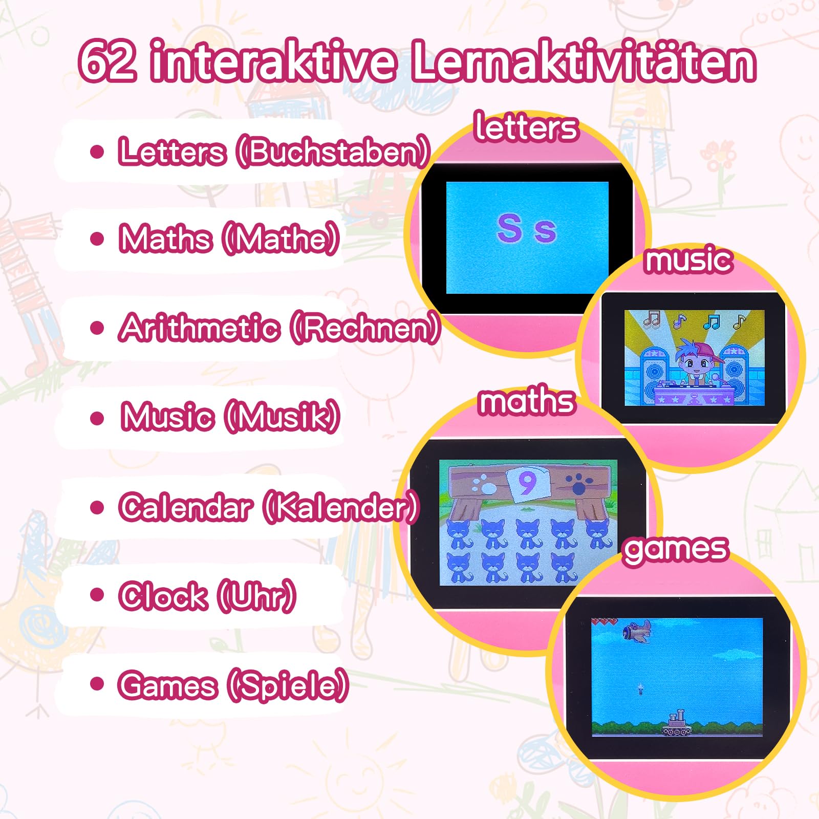 Kinderlaptop Lerncomputer Rosa Farbdisplay Maus: Englisch Lernen, 62 Aktivitäten Mathe Spiele, Pädagogisches Geschenk für Mädchen ab 5 Jahre