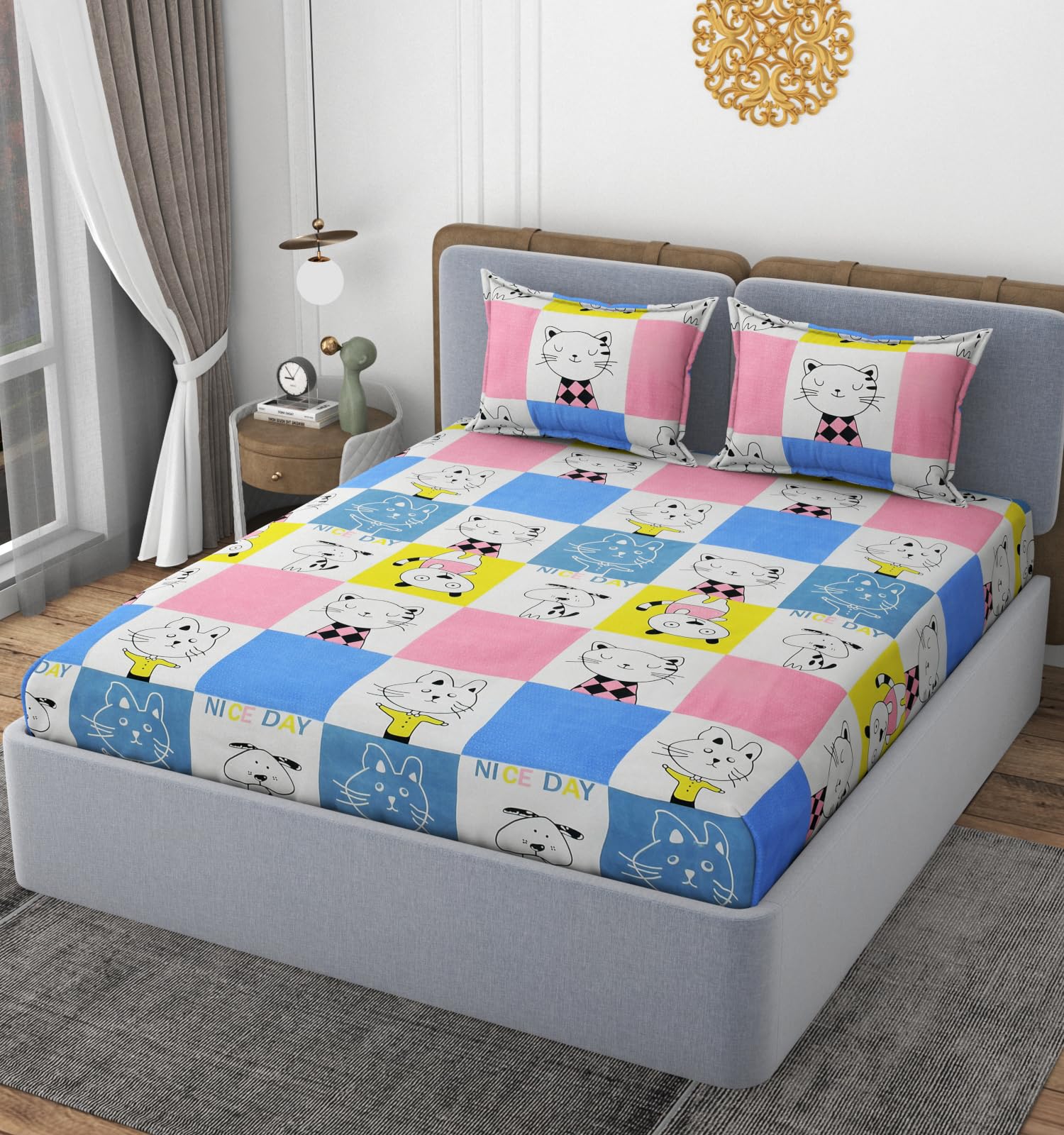 VOMZER - Home 300 TC Elastic Fitted Double King Size Bed Cotton Bedsheets with 2 Pillow Covers - King Size 78" x 72" (It's Nice Day)