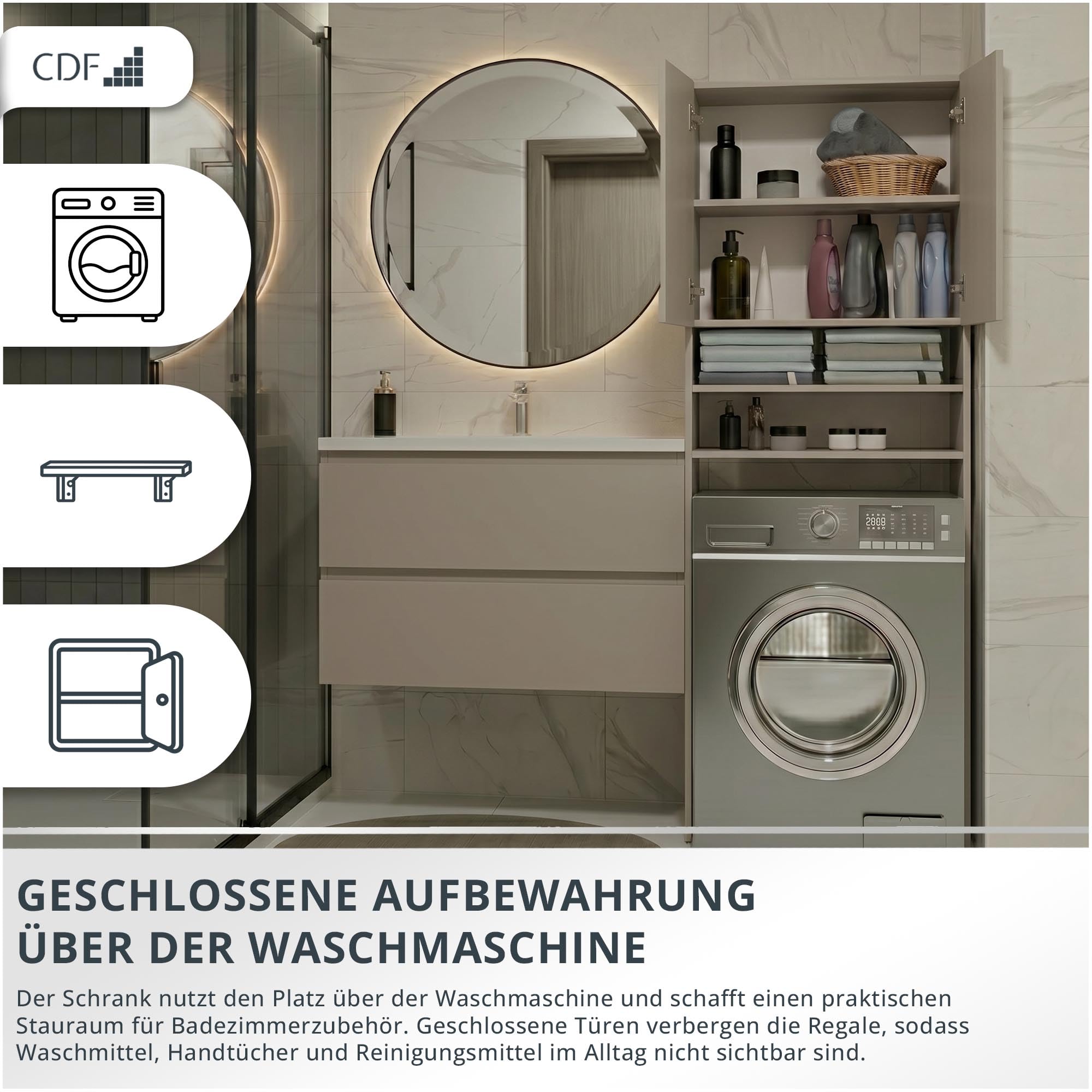 CDF Waschmaschinenschrank 2 Türen Hochschrank Badschrank Hochschrank Überbauschrank für Waschmaschine, Wäschetrockner Badezimmer Schrank Möbel Waschmaschinenumbauschrank Kashmir (beige) 30x64x180 cm