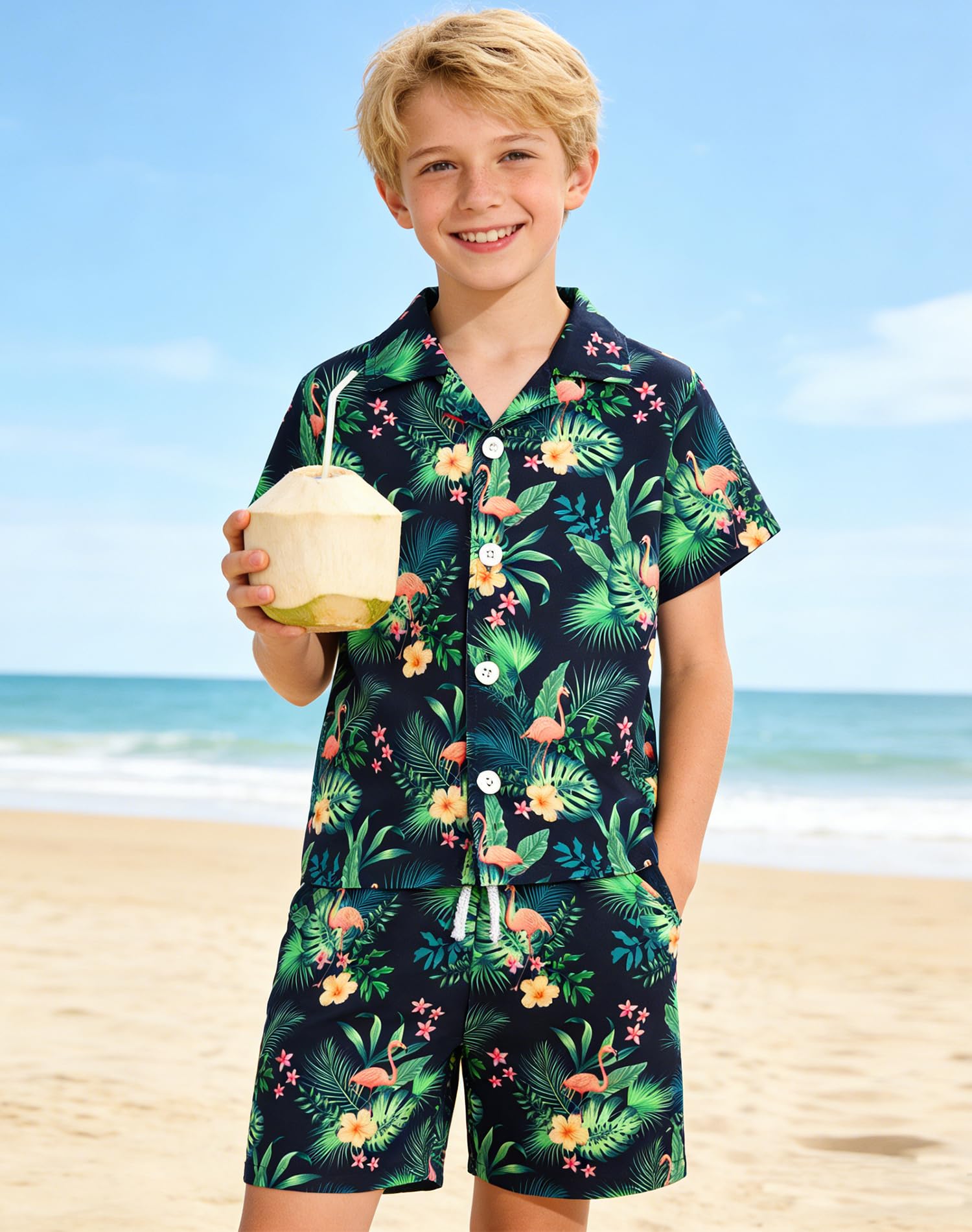 ZOEREA Conjunto Hawaii para niños, conjunto de 2 piezas camisa + pantalón corto, camisa de playa con botones + pantalón corto para niños 4–10 años
