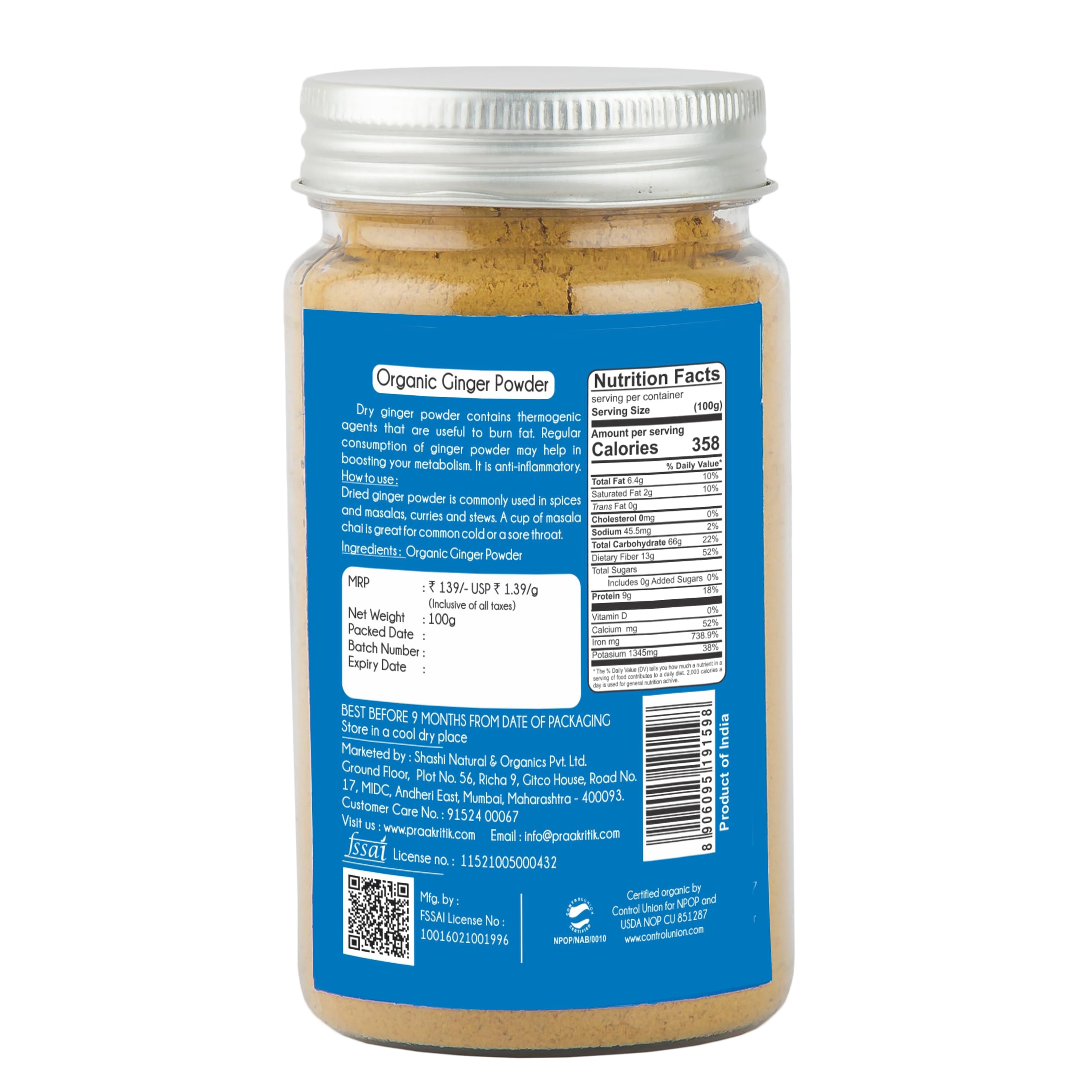 Praakritik Organic Ginger Powder, 100% Organic Powder, Daily Use Healthy Ginger Powder, No Artificial Color No Artificial Flavor, Pack of 3, 100 Grams Each Total 300 Gram 1