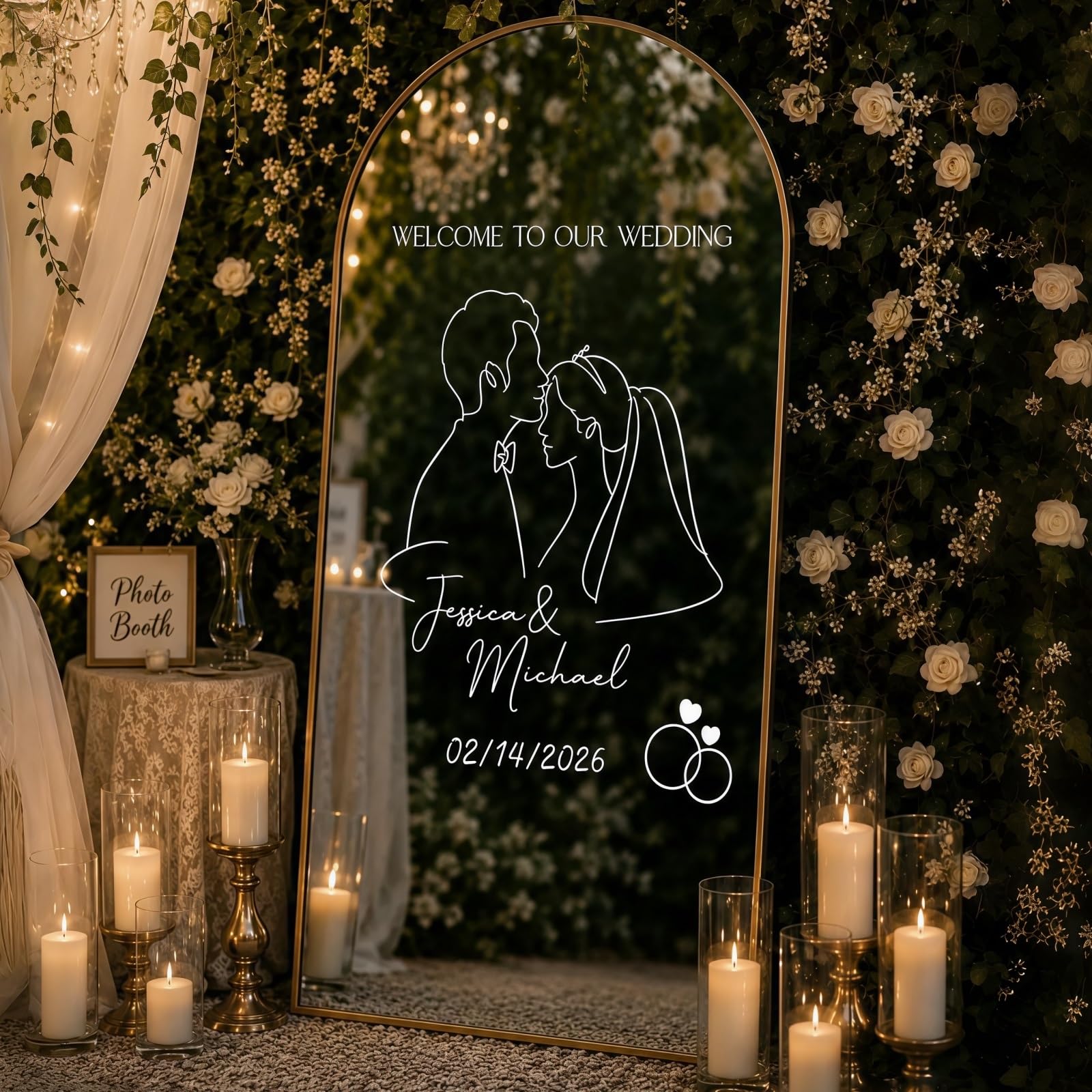 Personalized Wedding Mirror Decal, Custom Name & Date Vinyl Sticker for Bridal Shower, Reception Welcome Display, Elegant Wedding Signage Decor