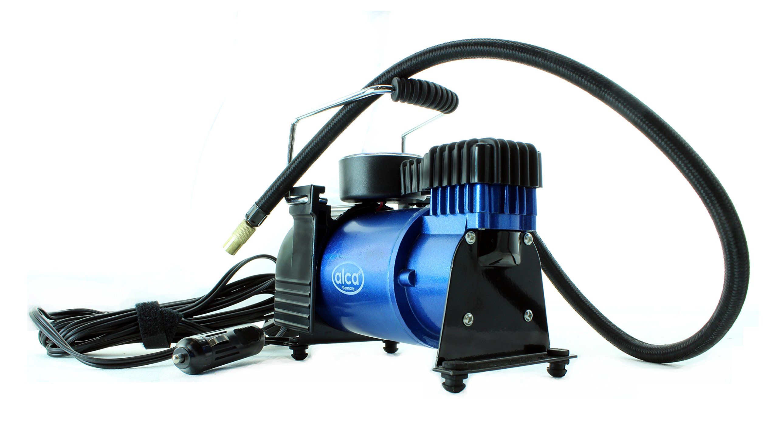 Premium ALCA Niemcy poręczna pompa sprężarki powietrza 12 V, 35 l, 7 barów, 100 PSI, podświetlany manometr, adaptery, wszystkie typy pompowania opon, wtyczka papierosowa, przewód zasilający 11,5 m