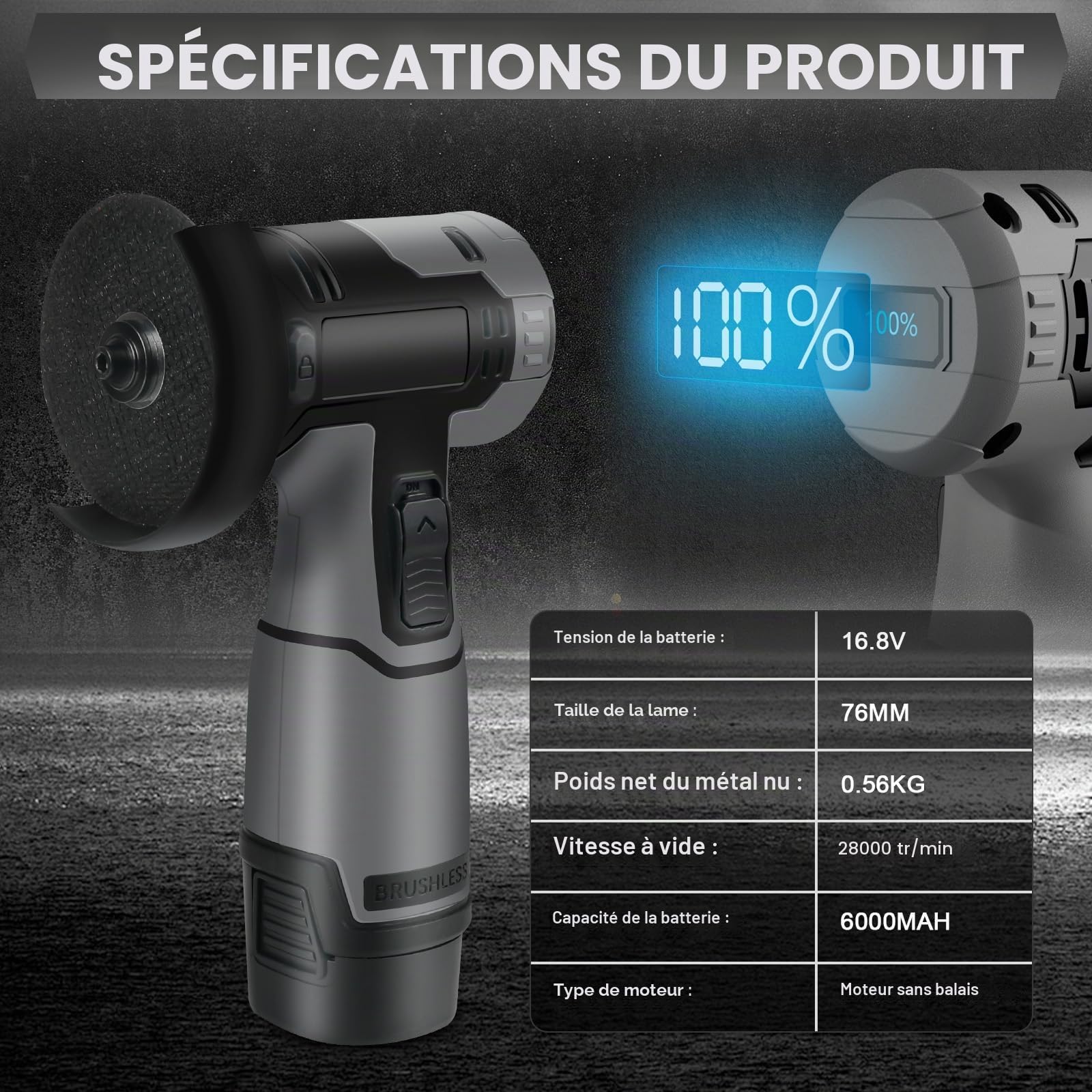 WingFly Mini meuleuse d'angle, meuleuse d'angle sans fil 16,8 V avec 2 batteries 28000 tr/min, avec 6 lames de disque, outil de ponçage électrique 76 mm