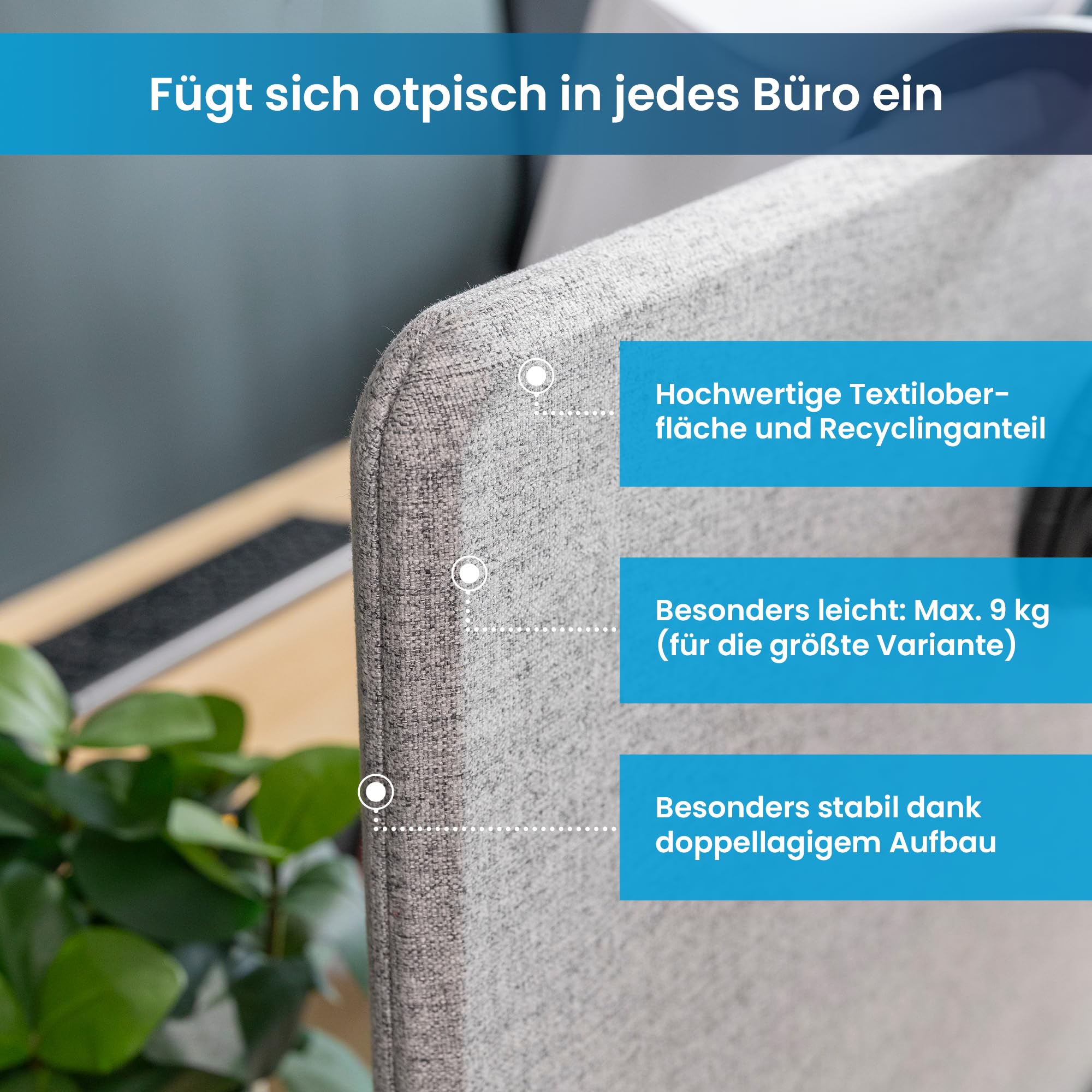 Ergotopia Akustik Trennwand Schreibtisch (180 x 80 x 2,8 cm), Verstellbarer Sichtschutz für Büro | Fokus Tischtrennwand in grau, Schallschutz Raumtrenner mit Klemmen, Schreibtisch Akustikwand