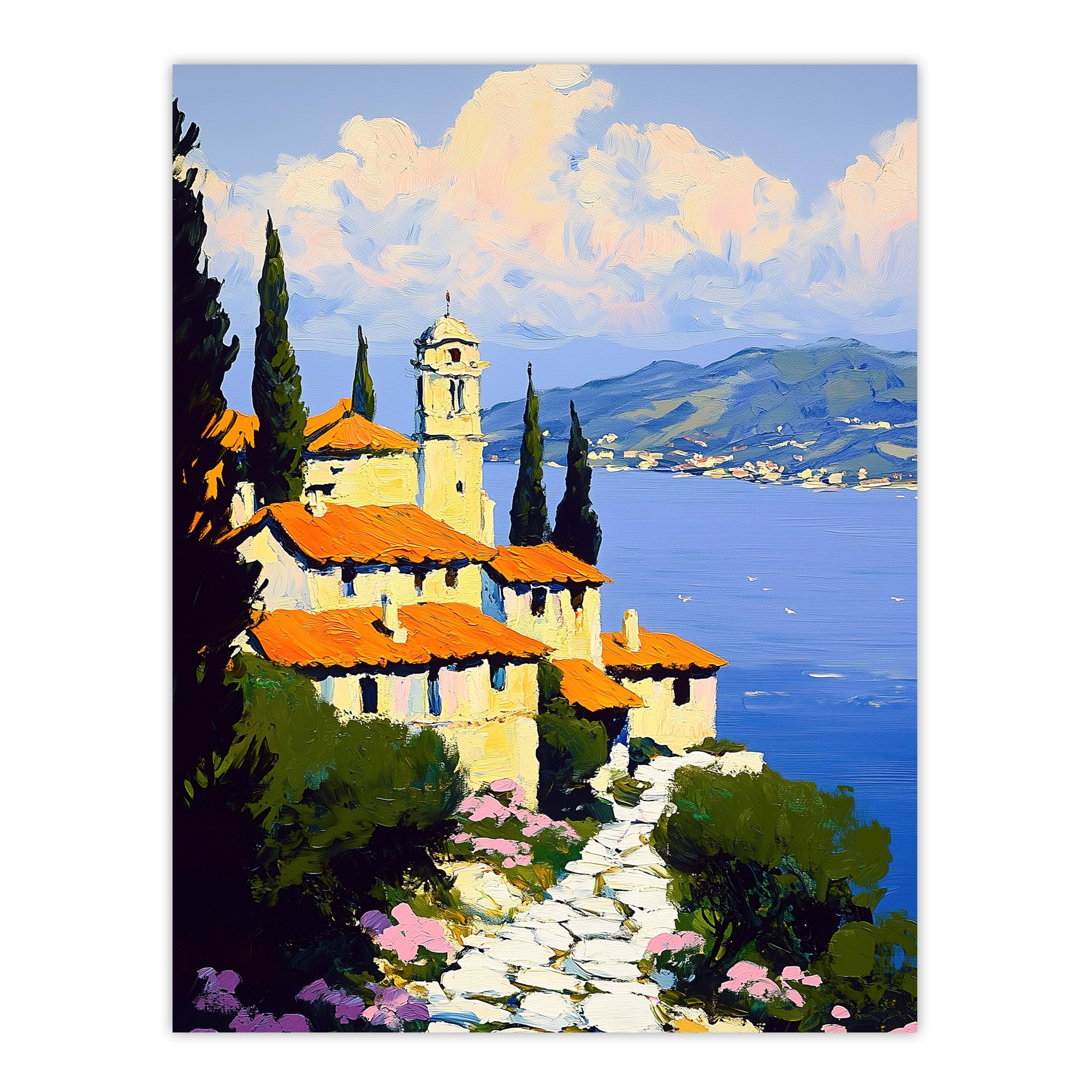 Christian Church Coastal Cliff Italy Landscape Wall Art Print - Artery8 - Blue - W24 inch x H32 inch