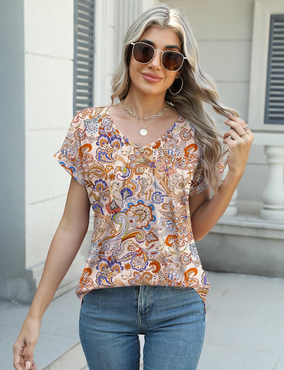 Micoson Women's V Neck T Shirts Short Sleeve Shirts Summer Blouses Pleated Button Tunic Tops Dressy Casual - Image 3