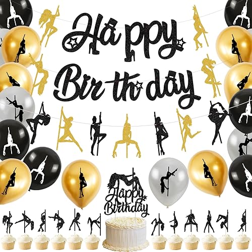 Decoraciones de fiesta de cumpleaños de bailarina de poste de oro negro, pancarta de feliz cumpleaños para despedida de soltera, suministros de