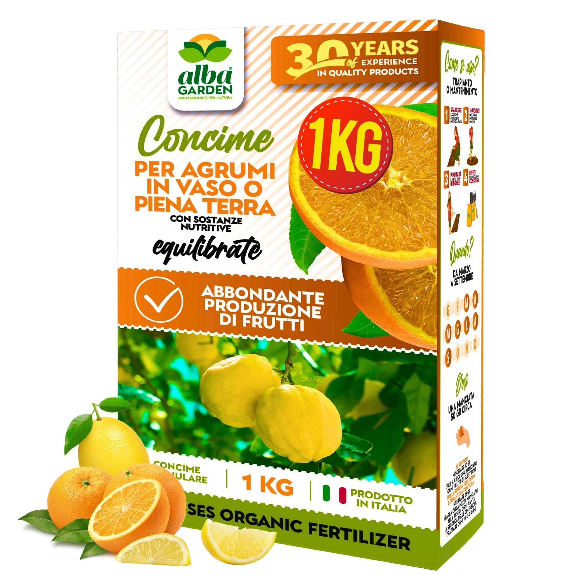 Albagarden - Concime Per Agrumi Naturale 1 KG - Fertilizzante Granulare a Lenta Cessione - Piante in Vaso e in Terra - Limoni, Arance, Mandarini, Cedri - Abbondante Produzione di Frutti