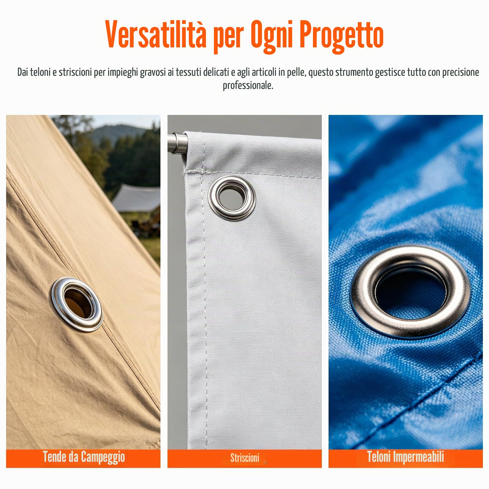 Pinza per occhielli, con 10 mm con 100 occhielli argentati, Kit di riparazione professionale con punzone nero – Per tessuto, cuoio, telone, tela da tenda, tende da sole