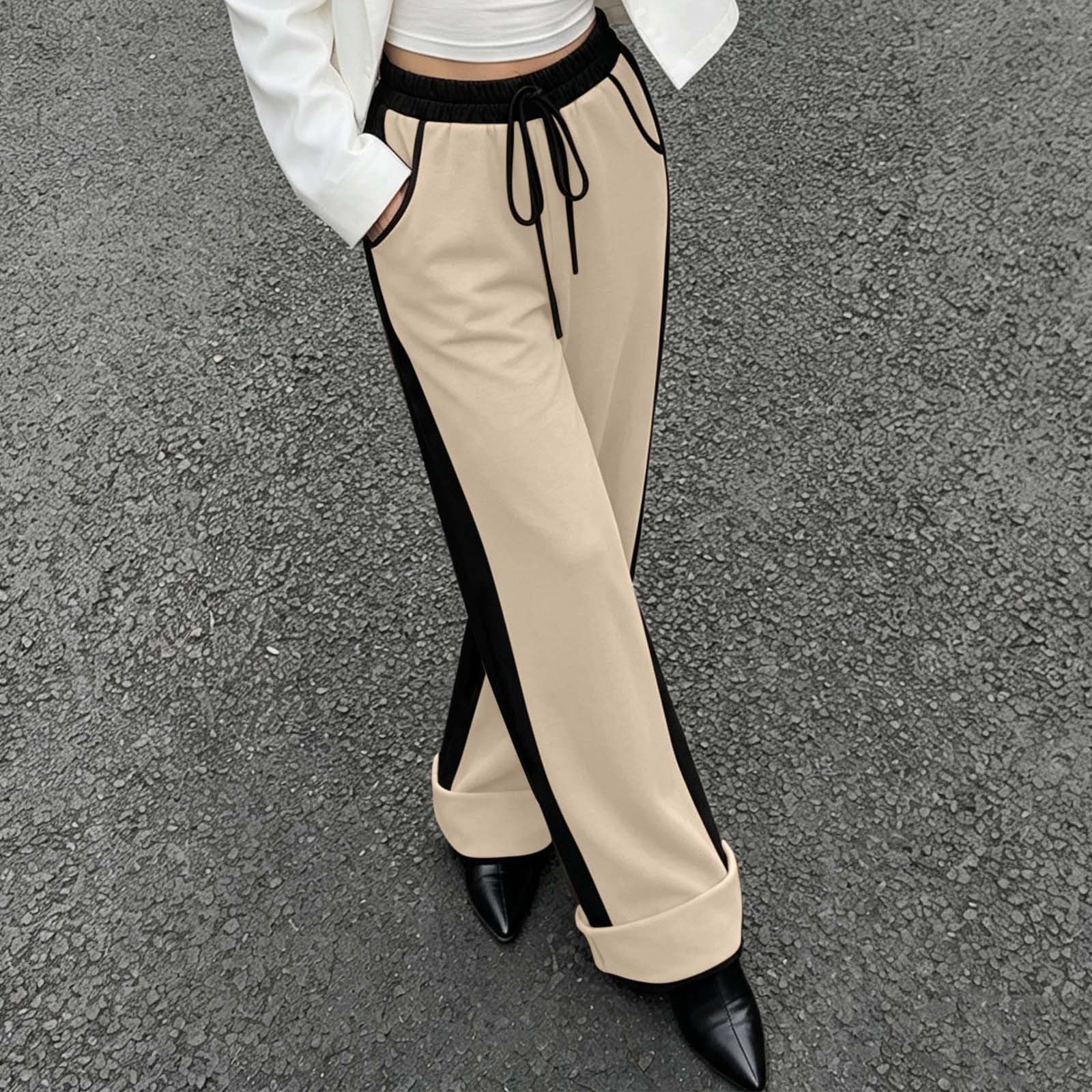 Pantalon Droit Femme Bloc De Couleurs Ourlet Retroussé Poches Décontracté