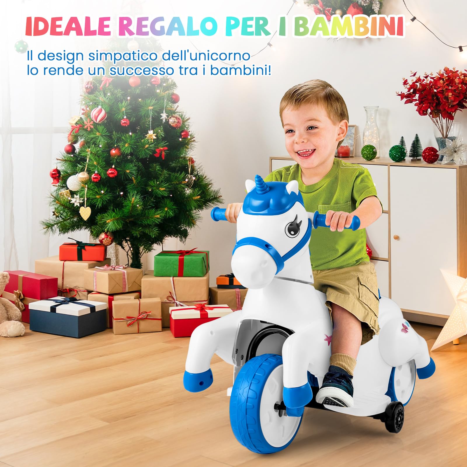 GYMAX Auto Cavalcabile Unicorno 12V, Veicolo Elettrico per Bambini con Funzione Altalena, Auto Elettrica con Ruote di Supporto, Musica e Indicatore di Batteria, per Bambini dai 3 Anni, Rosa/Blu (Blu)