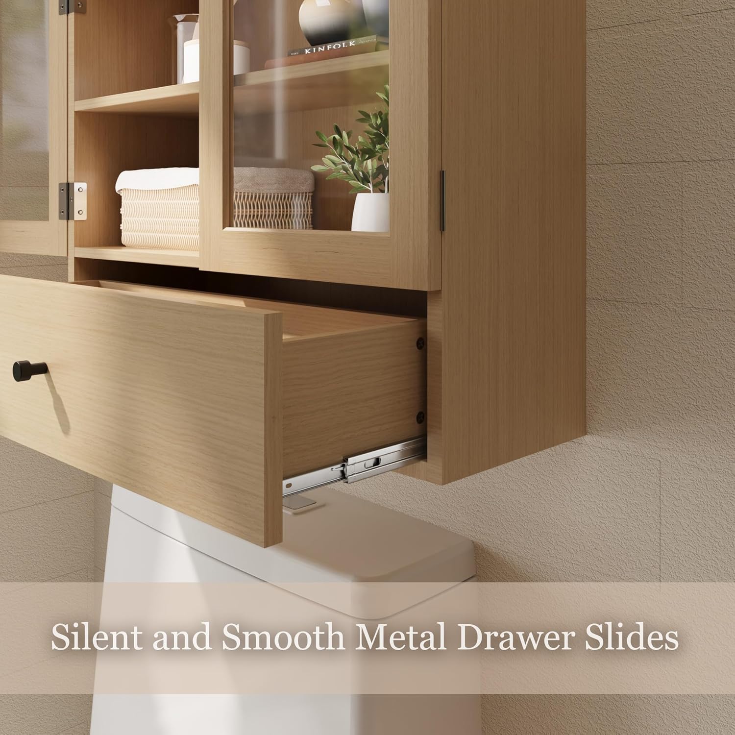 Arched Bathroom Wall Cabinet with Drawer,Over The Toilet Storage Cabinet, Medicine Cabinet with Glass Door for Living Room, Kitchen（Natural Wood Color）