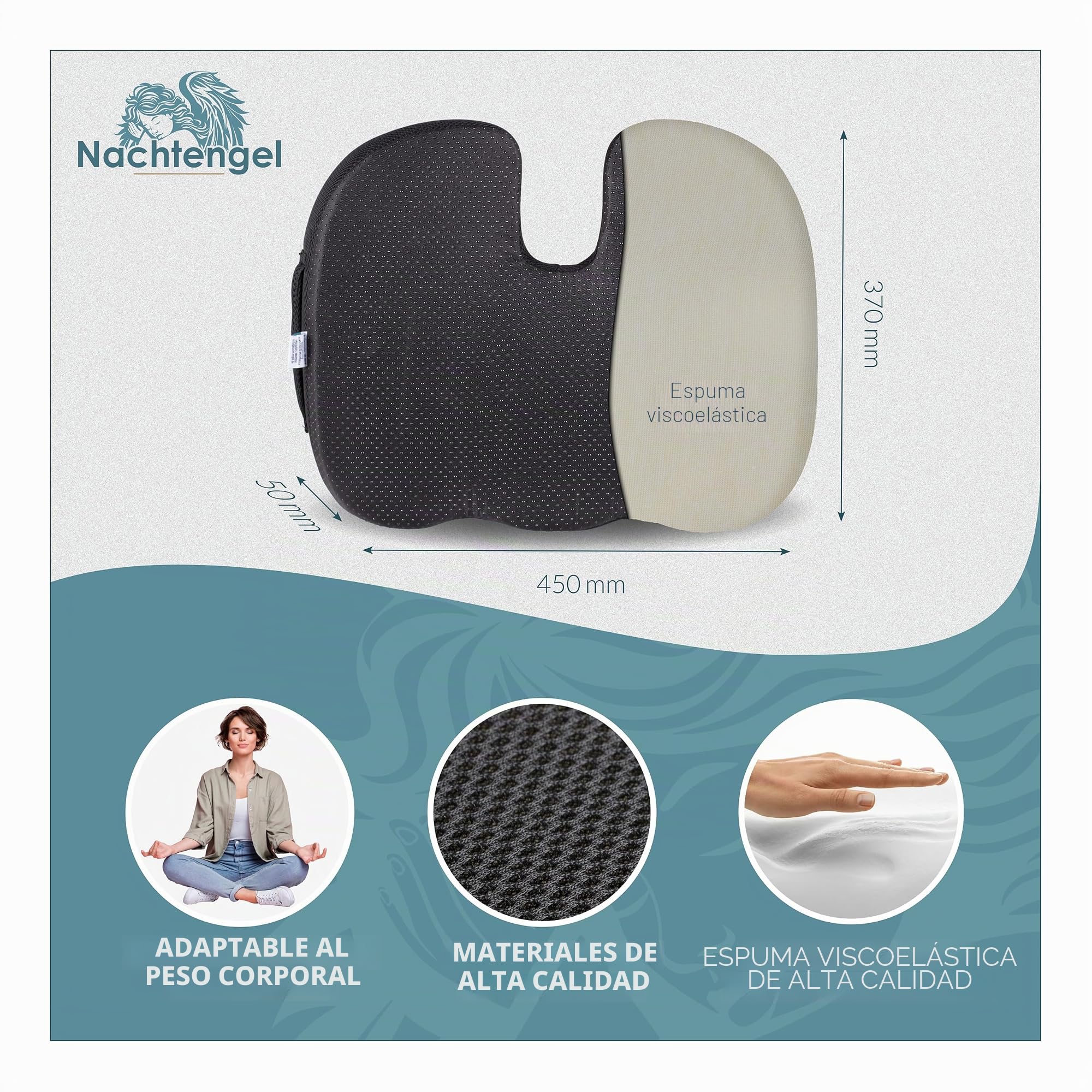 Cojín ortopédico con Espuma viscoelástica (3 Grados de dureza) para una Comodidad ergonómica, Alivio del coxis y reducción del Dolor, Ideal para Silla de Oficina, Asiento de Coche, etc. (1