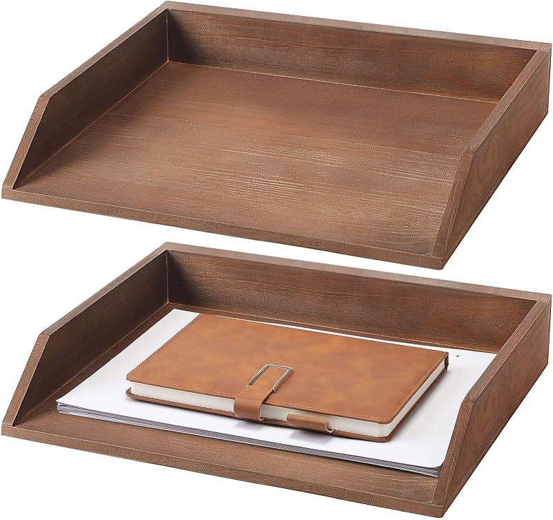 Beeveer 2 Pcs Dark Wood Letter Tray Wooden Desk Paper Organizer 2 Tier Stackable Load Documents Desktop Tray Drawer File Folder Magazine Office Accessories for Home Office Back to School