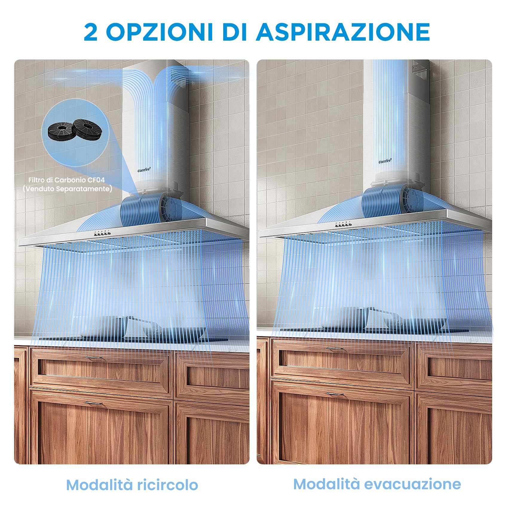 COMFEE' Cappa Aspirante 90 cm PYRA17SS-90 Acciaio Inossidabile Cappa Cucina con LED, Sistema di Ricircolo e Canalizzazione e Filtri a Carbone