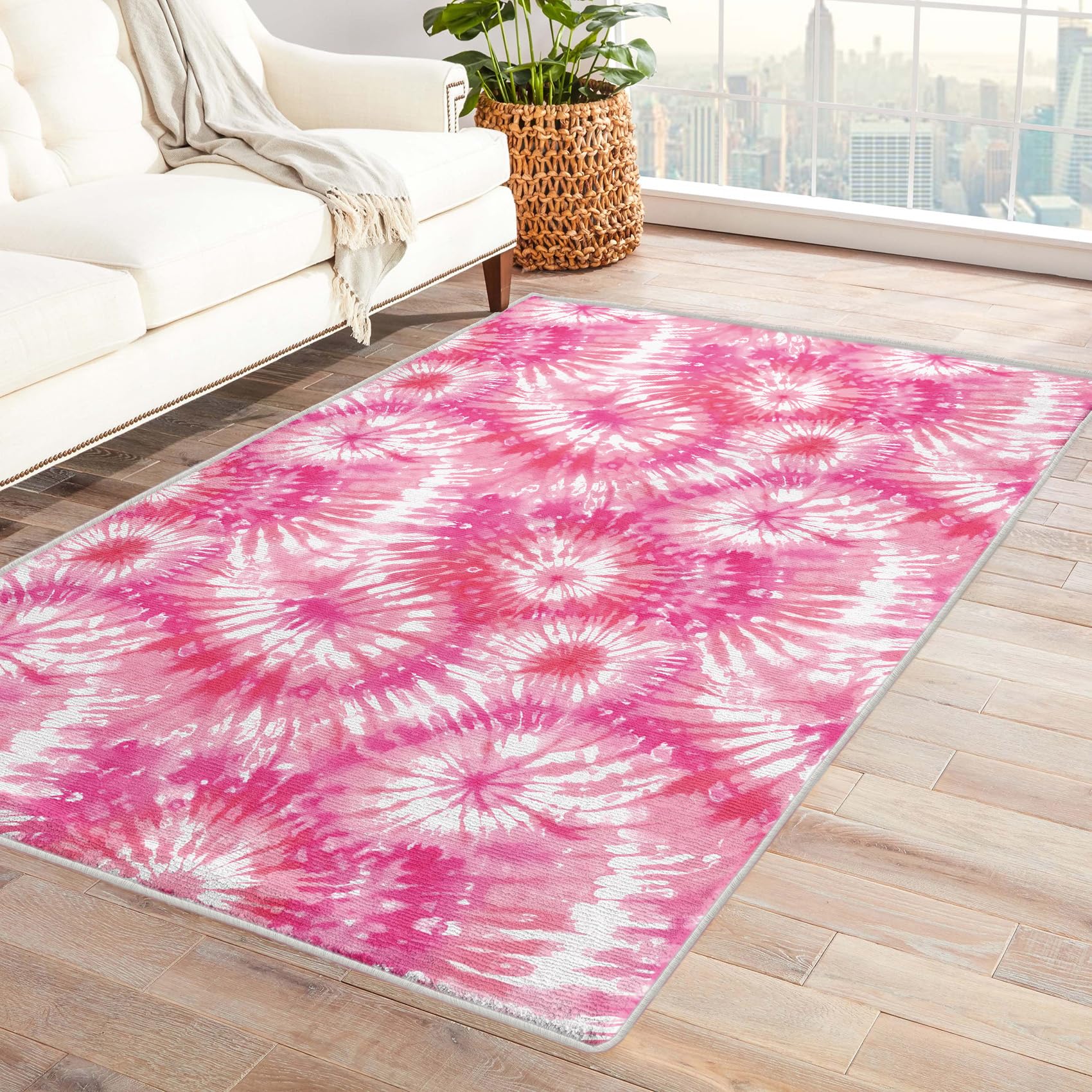 MOBEITI Kids Tie Dye Area Rug 4x6, Pink Rugs for Girls Bedroom Decor, Psychedelic Carpet for Classroom Playroom Nursery Room, Washable Non Slip Soft
