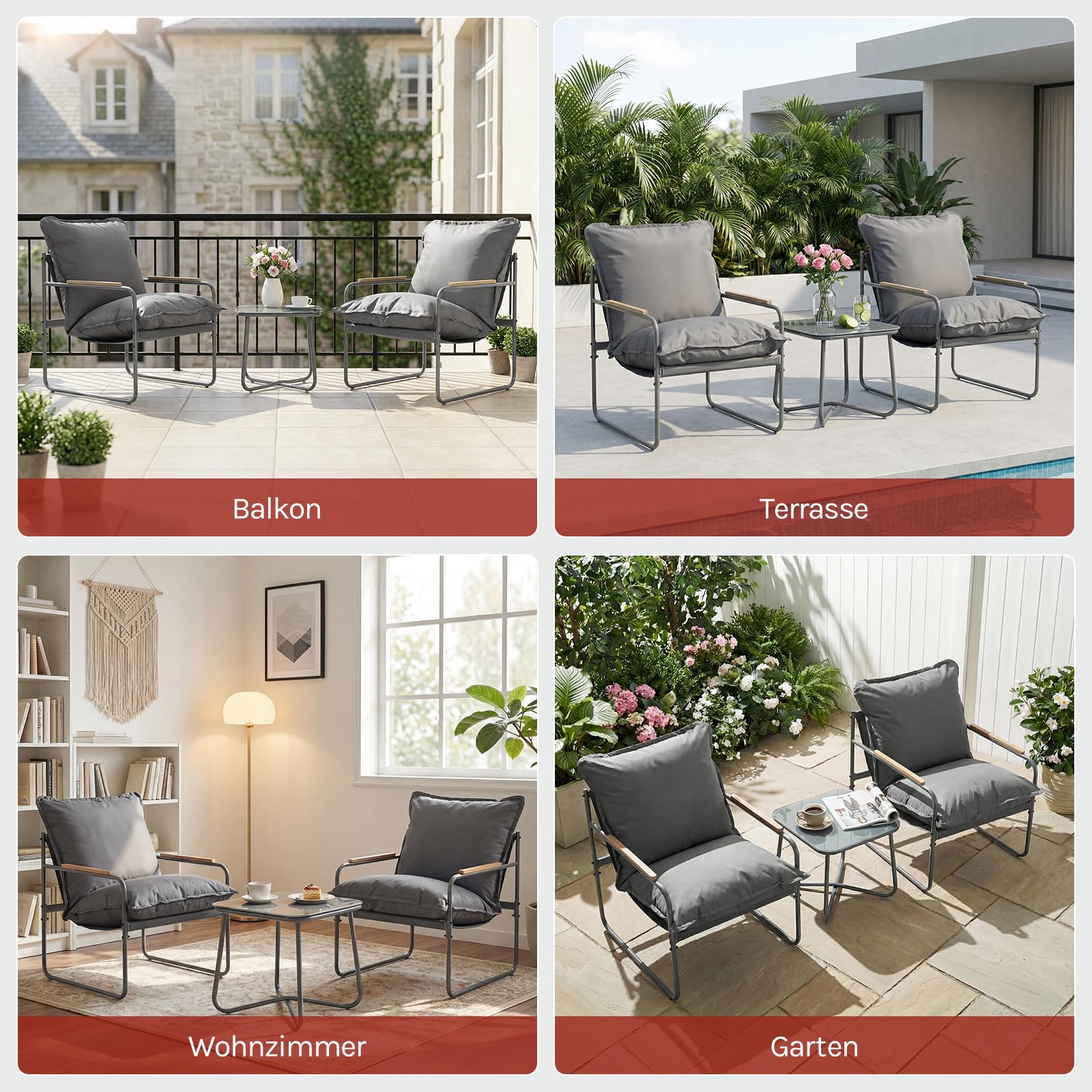 WOLTU Gartenmöbel Set 3-teilig 2 Sessel 1 Couchtisch und Kissen Balkonmöbel Metallrahmen 160kg Belastbarkeit Garten Balkon Möbel Klein Gartentisch mit 2 Stühlen, Grau