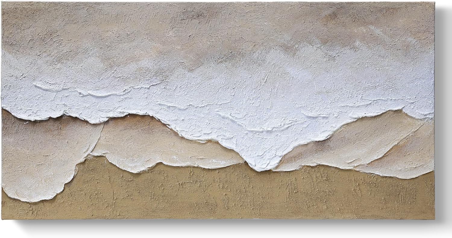 Artaanchuil Hand Painted Beach Waves Textured Wall Art - White and Brown Oil Painting 24x48 Inch Rectangle Large Moden Artwork for Living Room Horizontal Wall Decor White-Waves