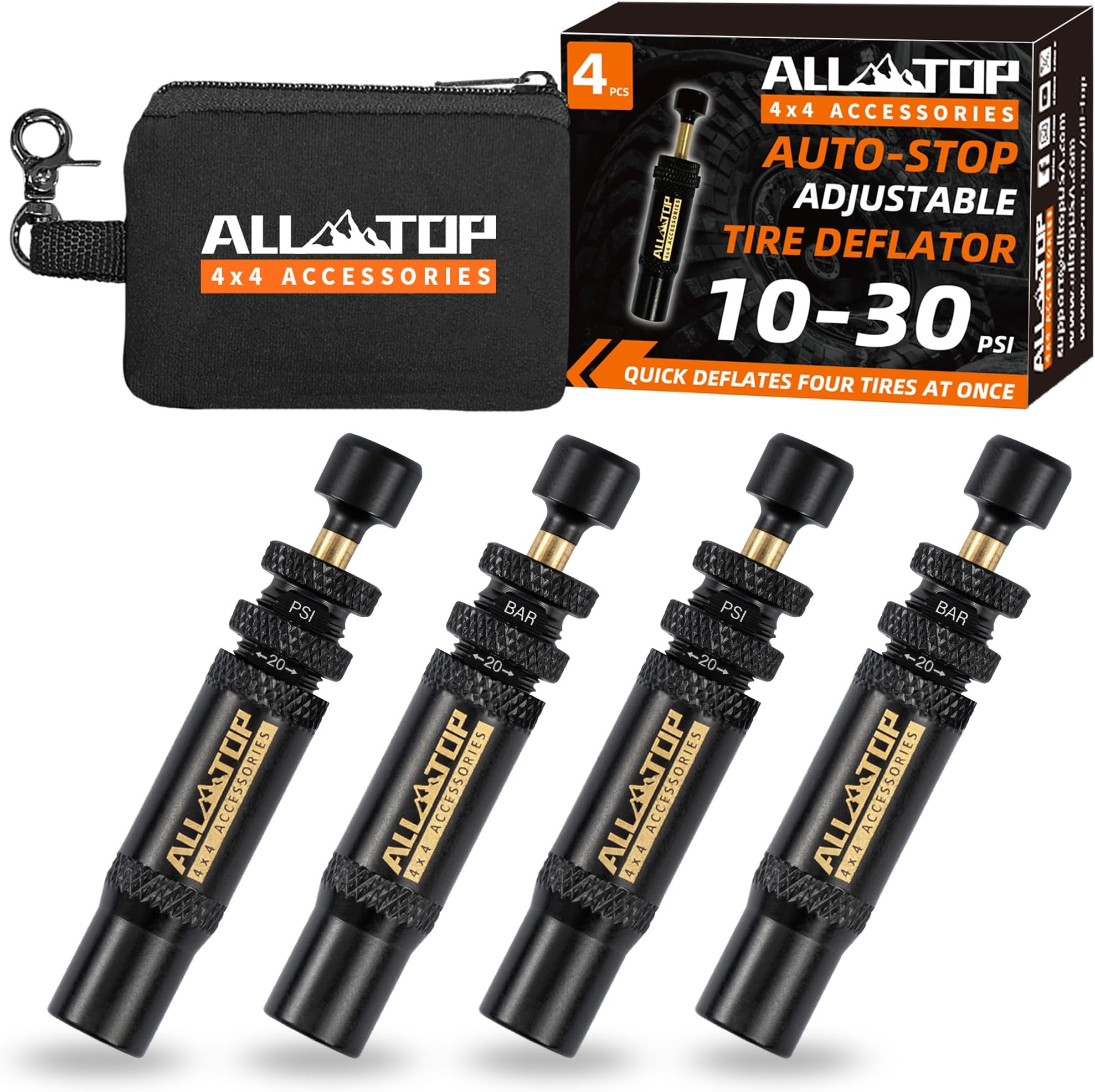 Adjustable Auto-Stop Tire Deflator Valve Kit 10-30 PSI 4PCS Screw-on for Offroad