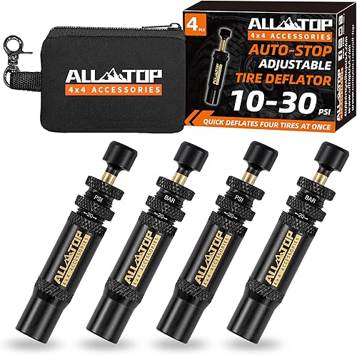 ALL-TOP Adjustable Auto-Stop Tire Deflator Valve Kit (10-30 PSI) 4 PCS Screw-on Tyre Air Down Tool for Offroad 4x4 (with 5 Valve caps)