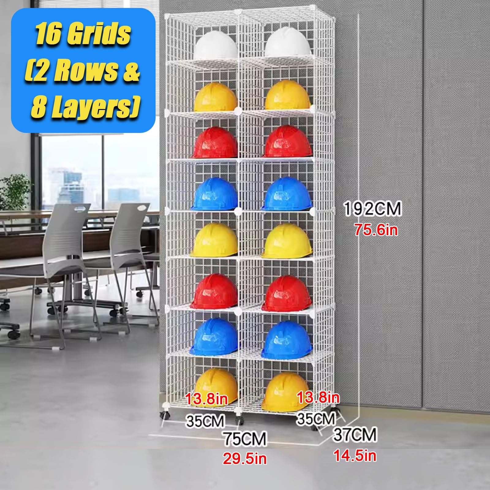 Stackable Safety Helmet Storage Boxes with Wheels, Large Adjustable Hard Hat Placement Organizer Rack, Construction Sites/Workshop/Retail Store Helmet Display Shelf, White Iron Wire Frame(16 Grids(75x