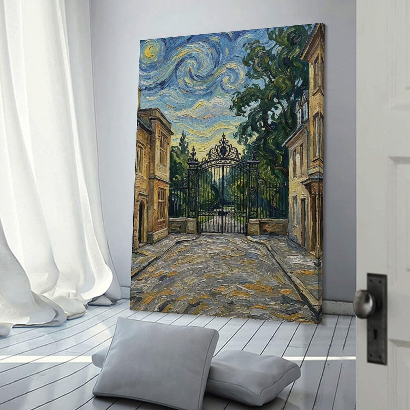 Junmoney Ornate Gate in Starry Night Style Canvas Wall Picture, 16x24inch(40x60cm), for Wall Displays, Bedrooms Or Room Updates, Wall Decor Suited to Curated Displays