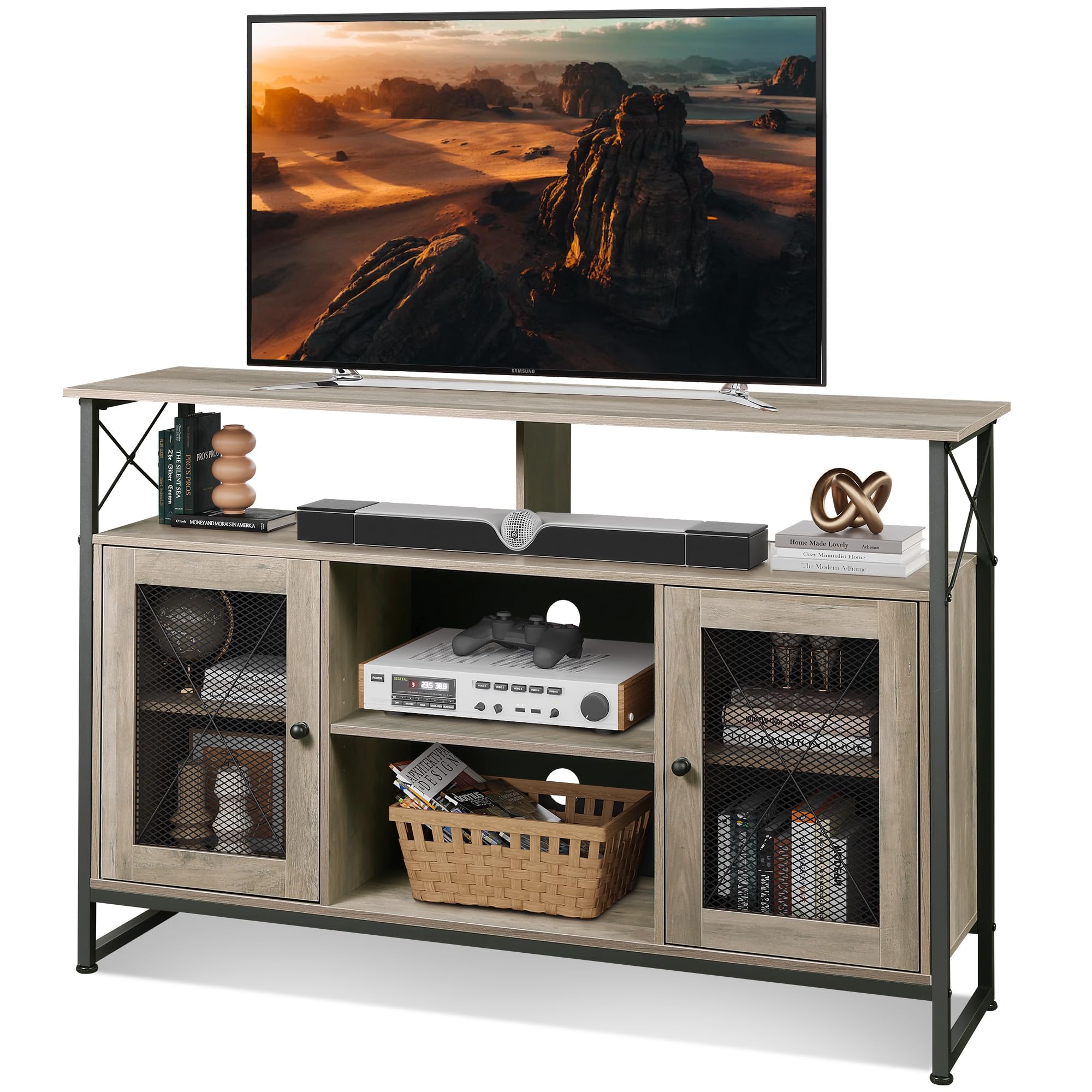 WLIVE TV Stand Cabinet, TV Unit for 55 Inch TV, Tall TV Unit Cabinet, TV Stand with 2 Doors, Buffet Table, Sideboard, for Living Room, Wooden Industrial TV Console, 128 x 36 x 82 CM, Grey Oak