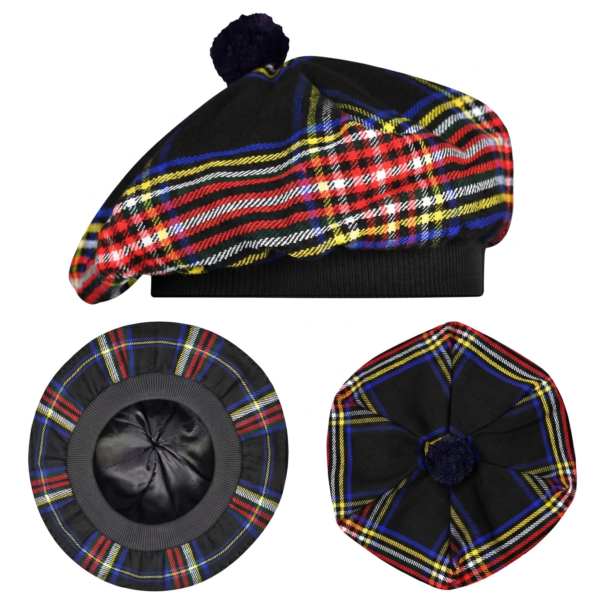 H HIGHLAND REDSTONE Scottish Hat Tam o Shanter Scottish Bonnet Tartan hat Acrylic Wool with Pompom (UK, Alpha, One Size, Black Stewart)